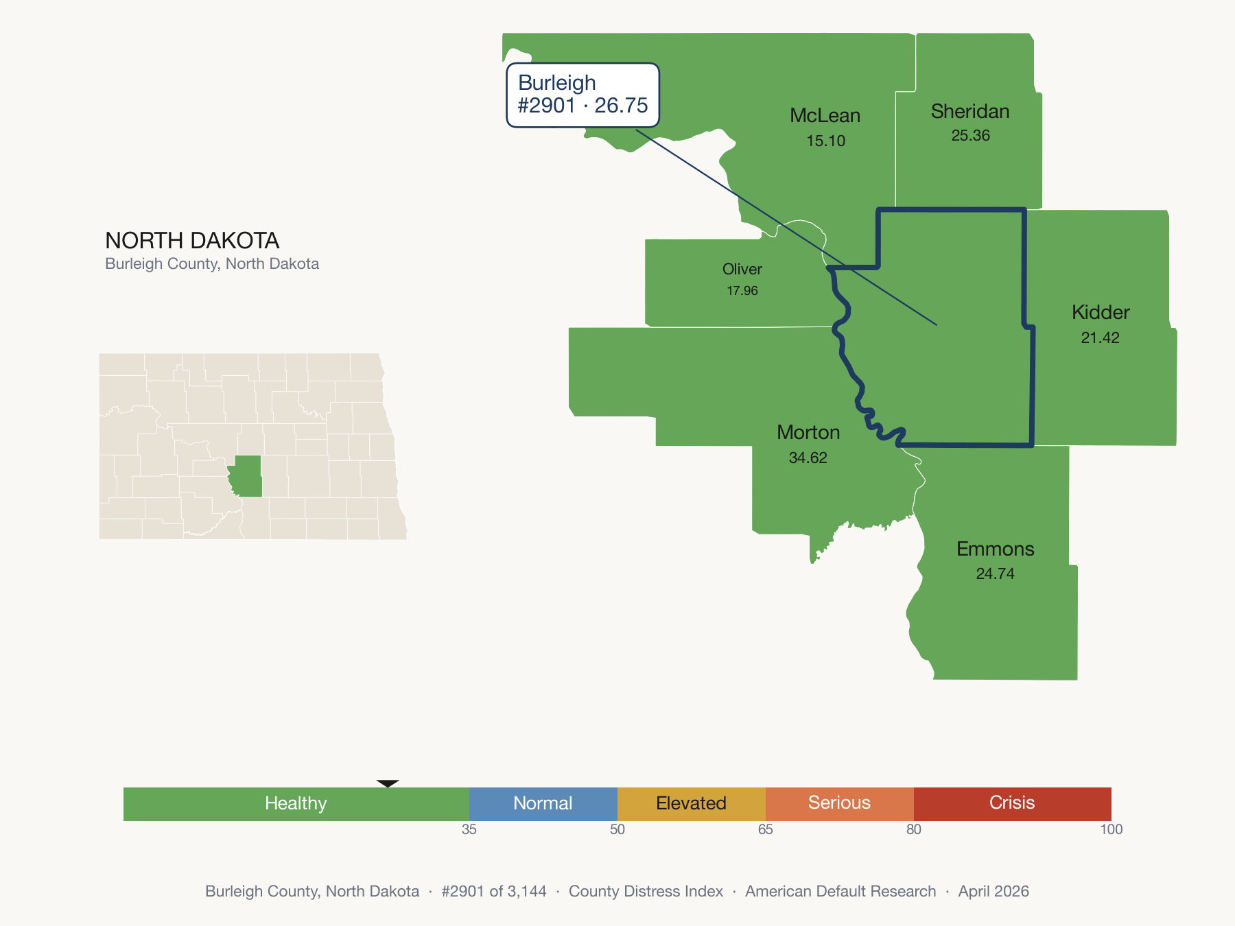 County Distress Index cluster map. Burleigh County, North Dakota and its neighbors colored by distress fifth.