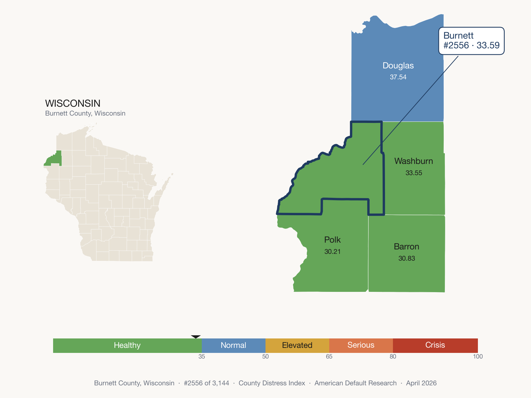 County Distress Index cluster map. Burnett County, Wisconsin and its neighbors colored by distress fifth.
