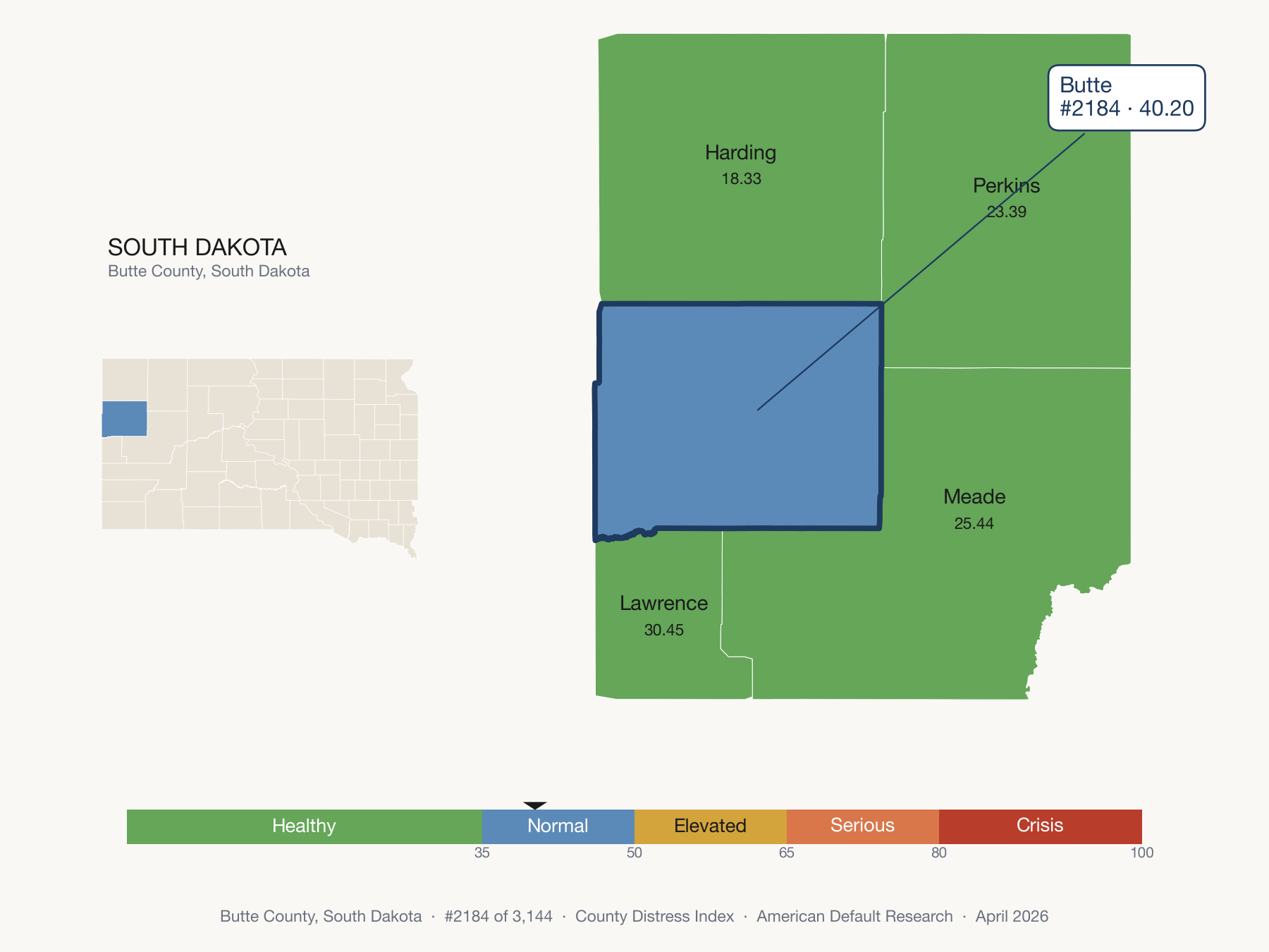 County Distress Index cluster map. Butte County, South Dakota and its neighbors colored by distress fifth.