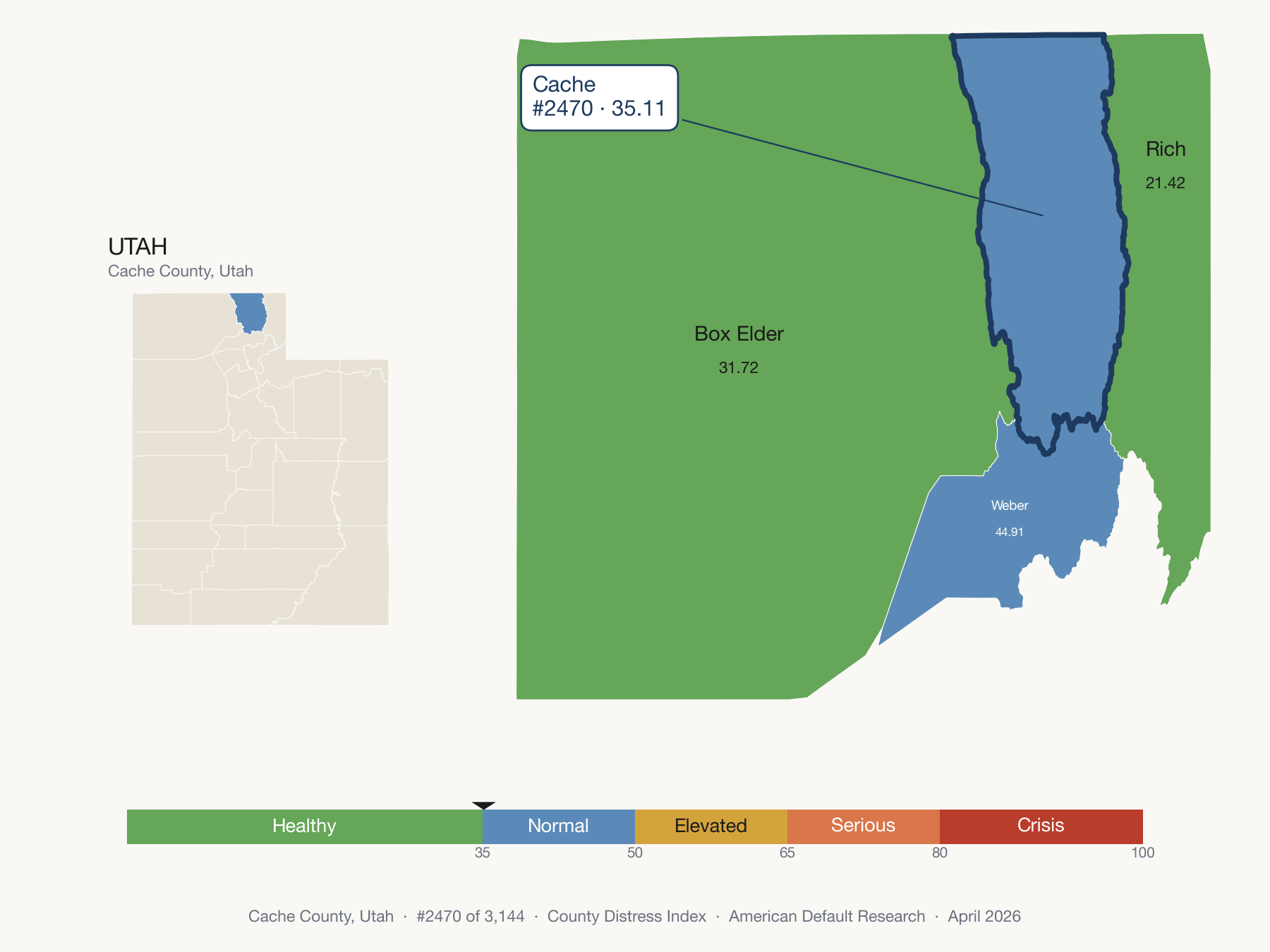 County Distress Index cluster map. Cache County, Utah and its neighbors colored by distress fifth.
