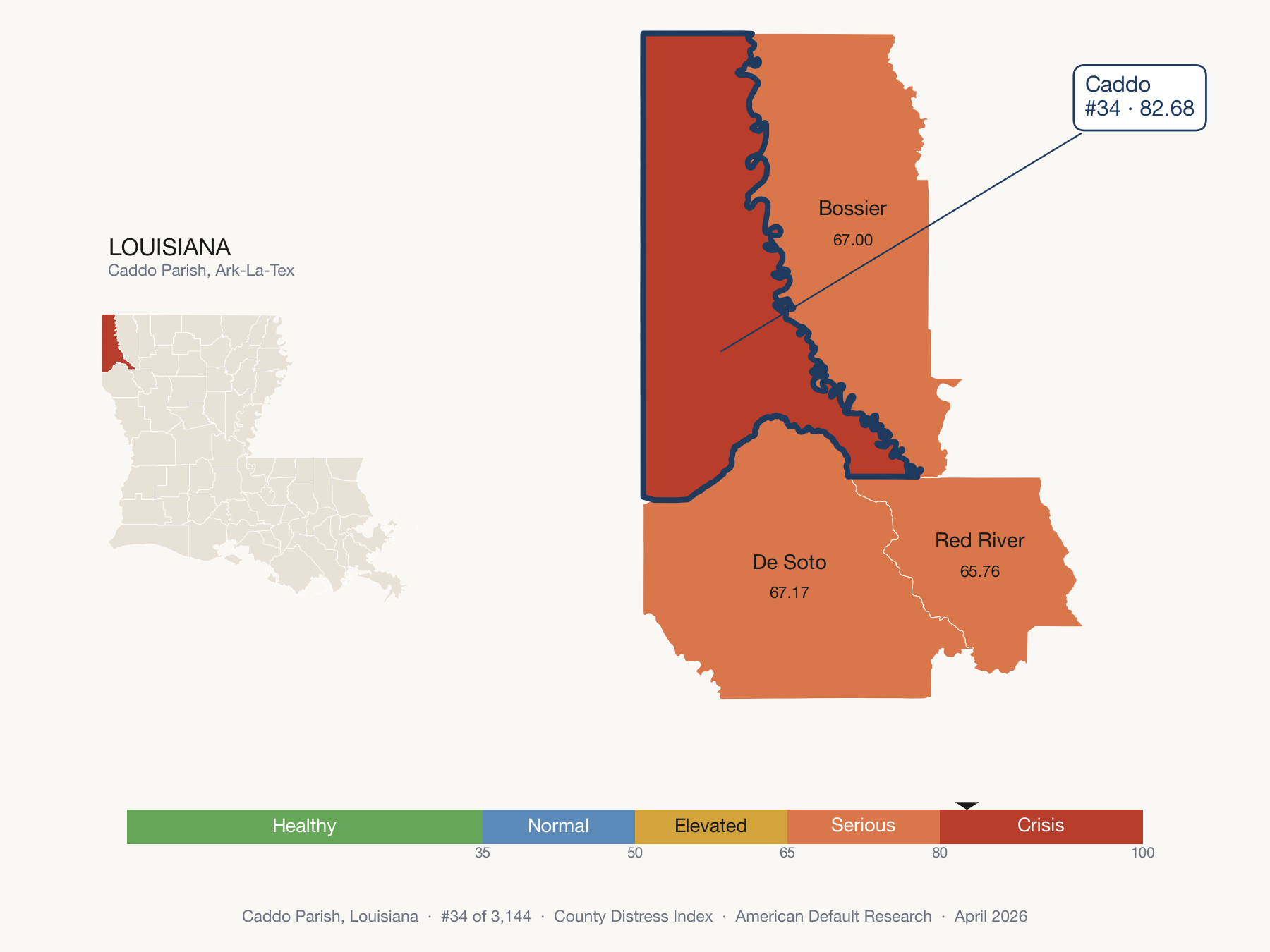 County Distress Index cluster map. Caddo Parish, Louisiana and its neighbors colored by distress fifth.