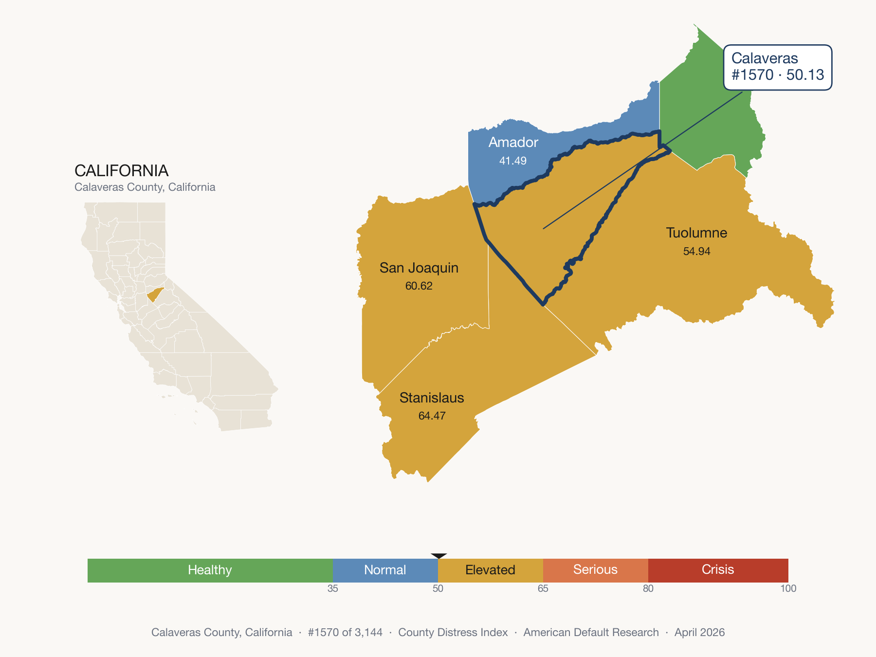 County Distress Index cluster map. Calaveras County, California and its neighbors colored by distress fifth.
