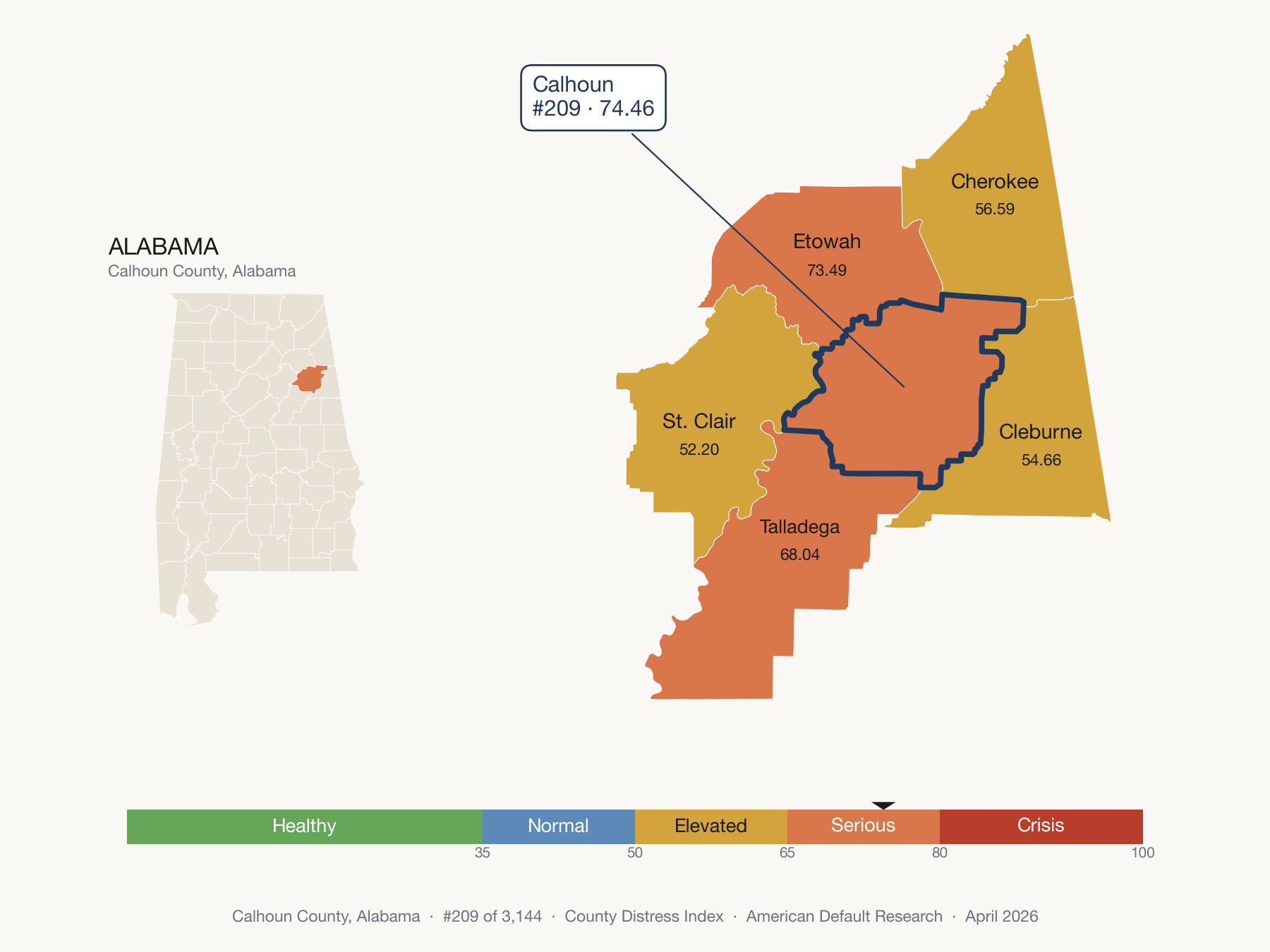 County Distress Index cluster map. Calhoun County, Alabama and its neighbors colored by distress fifth.