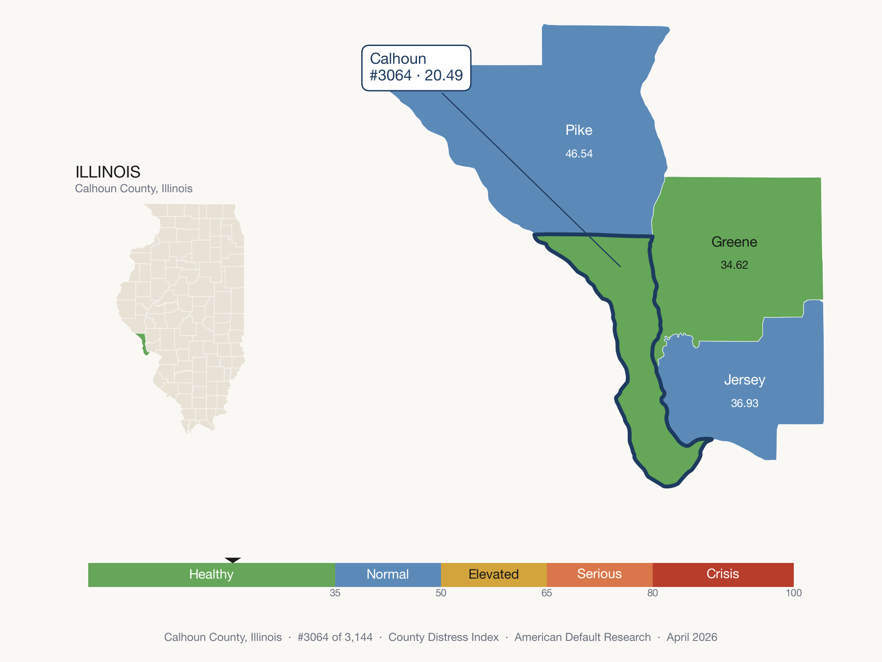 County Distress Index cluster map. Calhoun County, Illinois and its neighbors colored by distress fifth.