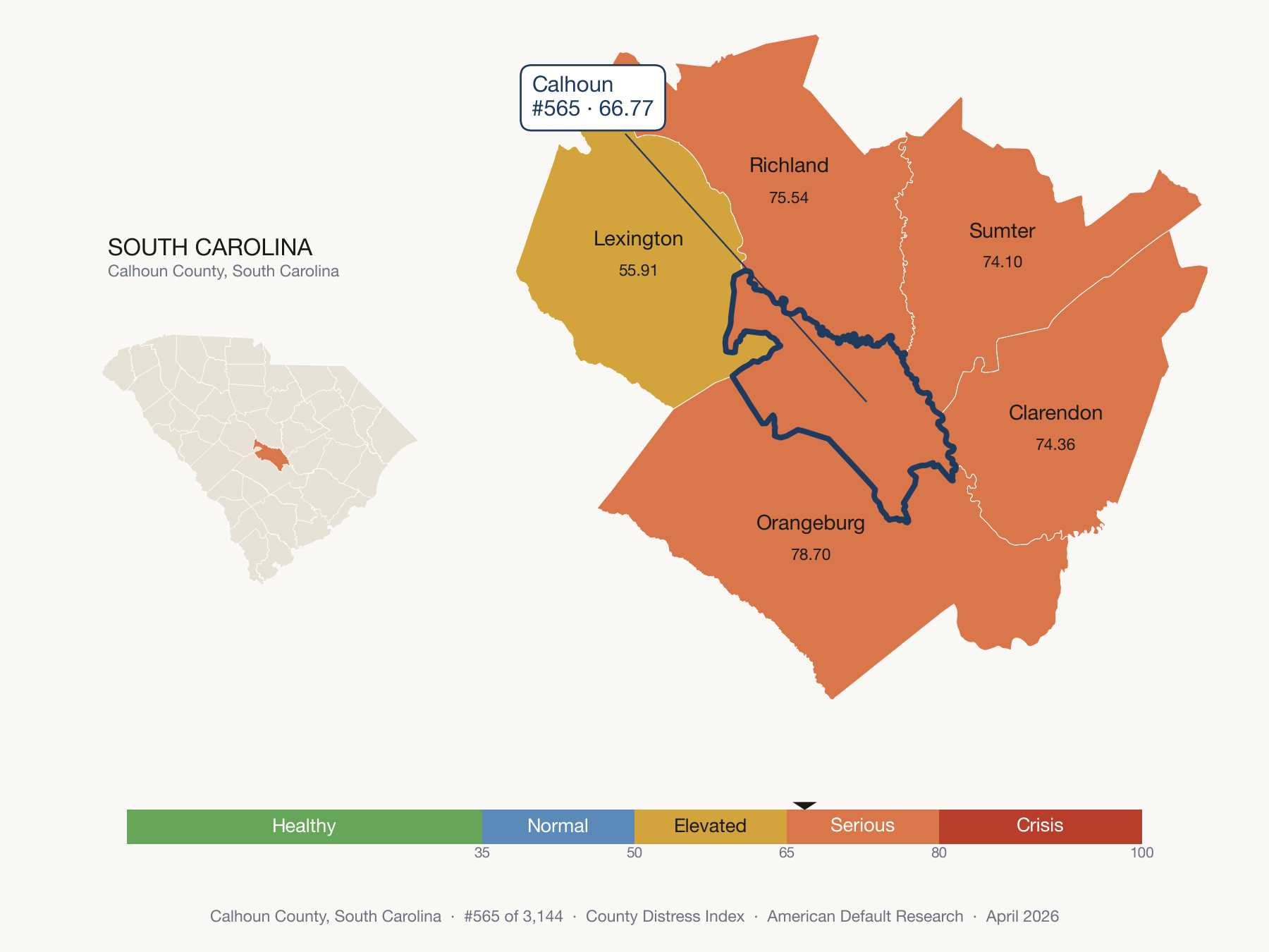 County Distress Index cluster map. Calhoun County, South Carolina and its neighbors colored by distress fifth.
