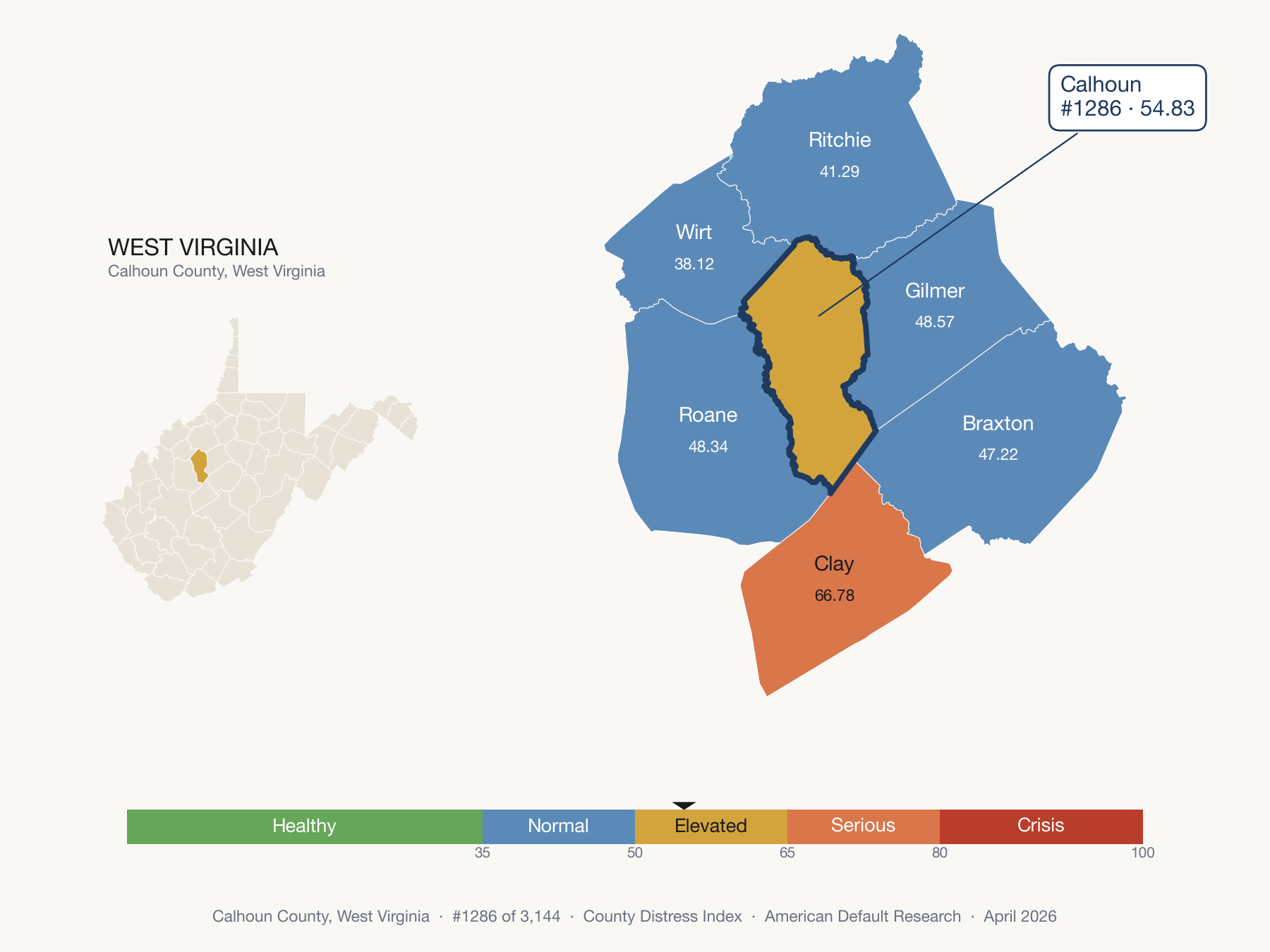County Distress Index cluster map. Calhoun County, West Virginia and its neighbors colored by distress fifth.