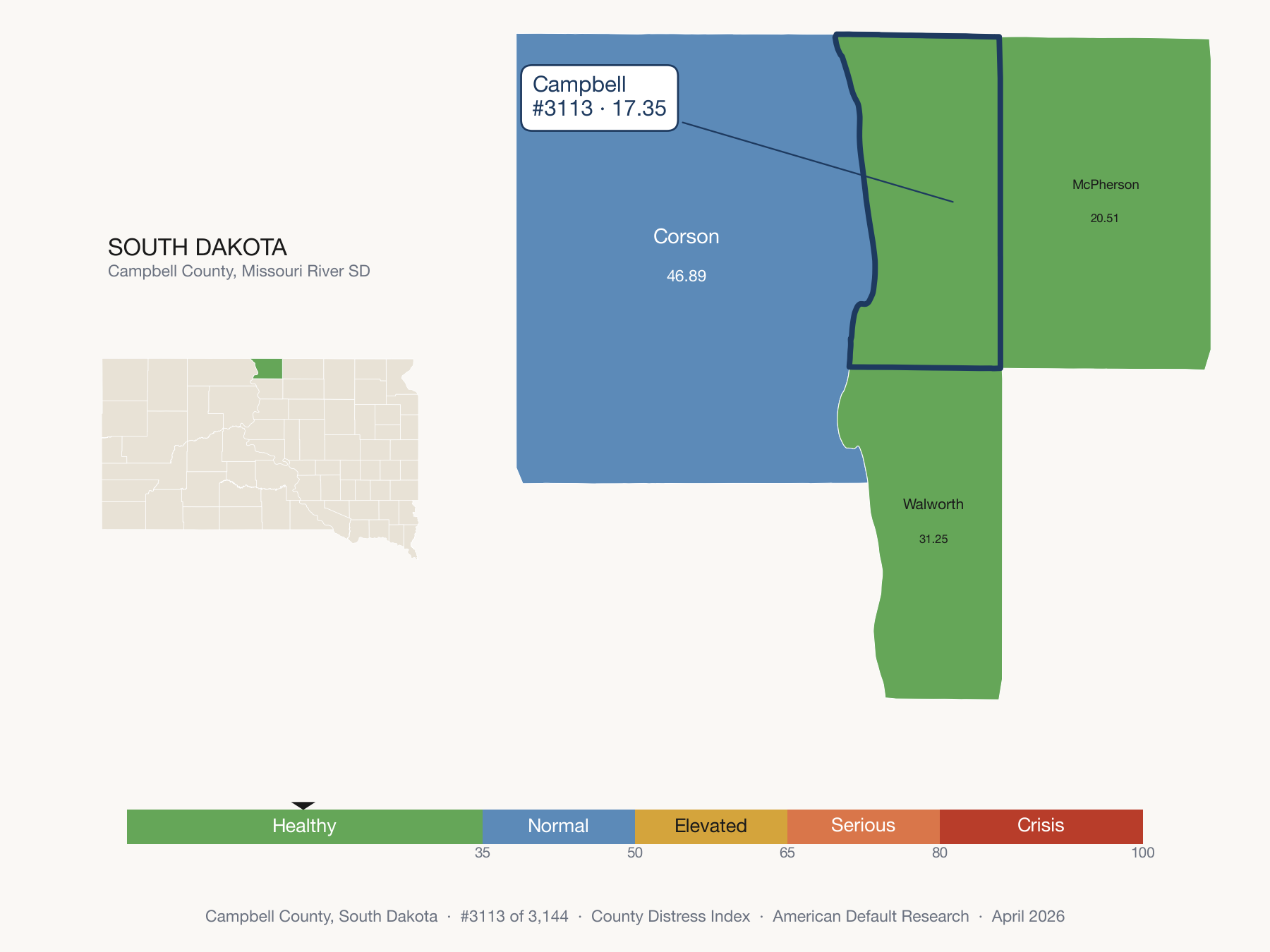 County Distress Index cluster map. Campbell County, South Dakota and its neighbors colored by distress fifth.