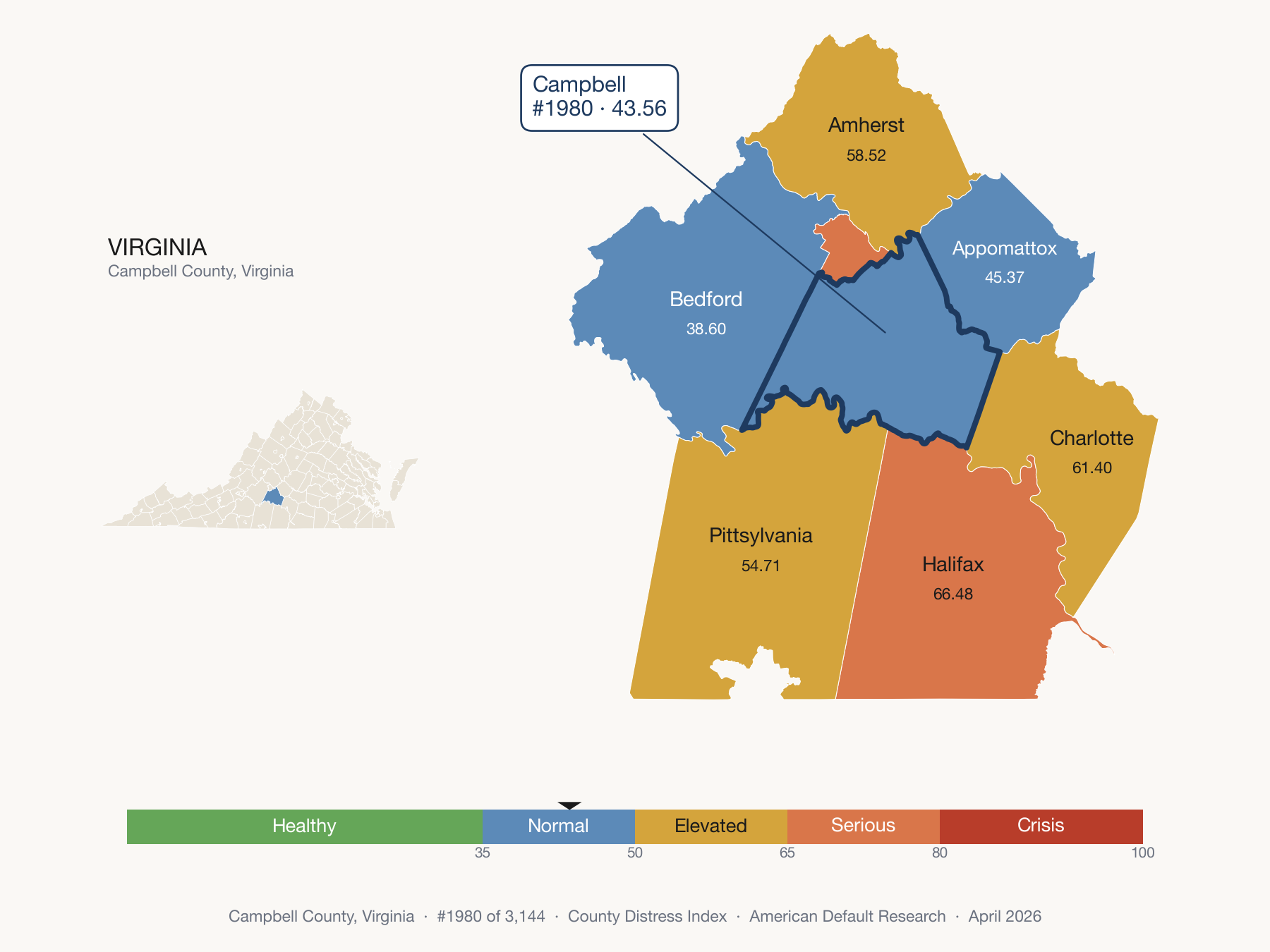 County Distress Index cluster map. Campbell County, Virginia and its neighbors colored by distress fifth.