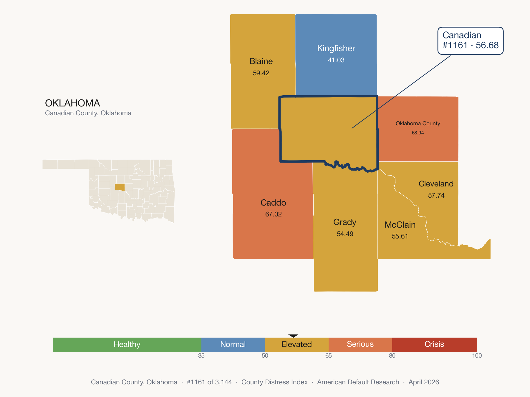 County Distress Index cluster map. Canadian County, Oklahoma and its neighbors colored by distress fifth.