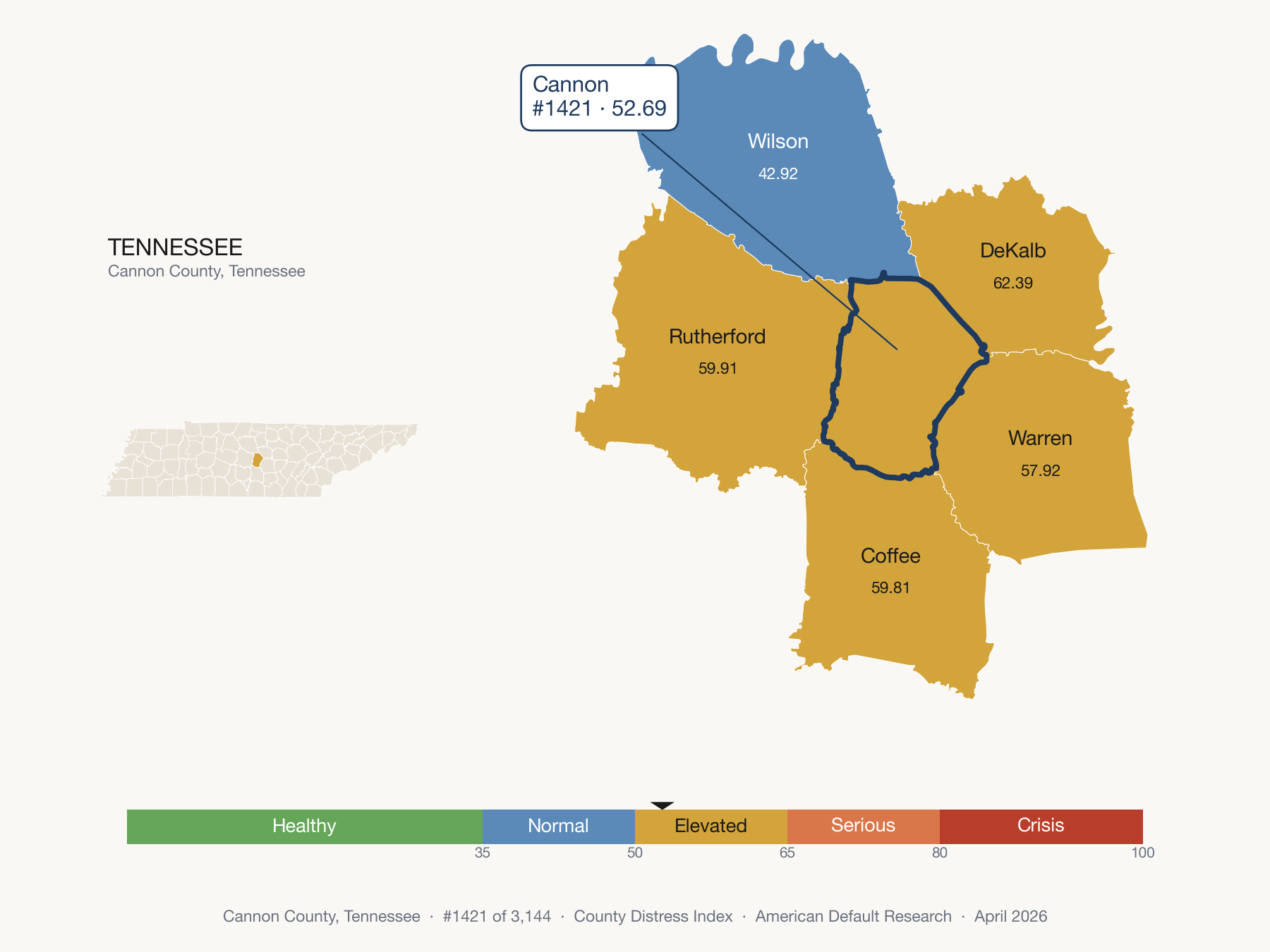 County Distress Index cluster map. Cannon County, Tennessee and its neighbors colored by distress fifth.
