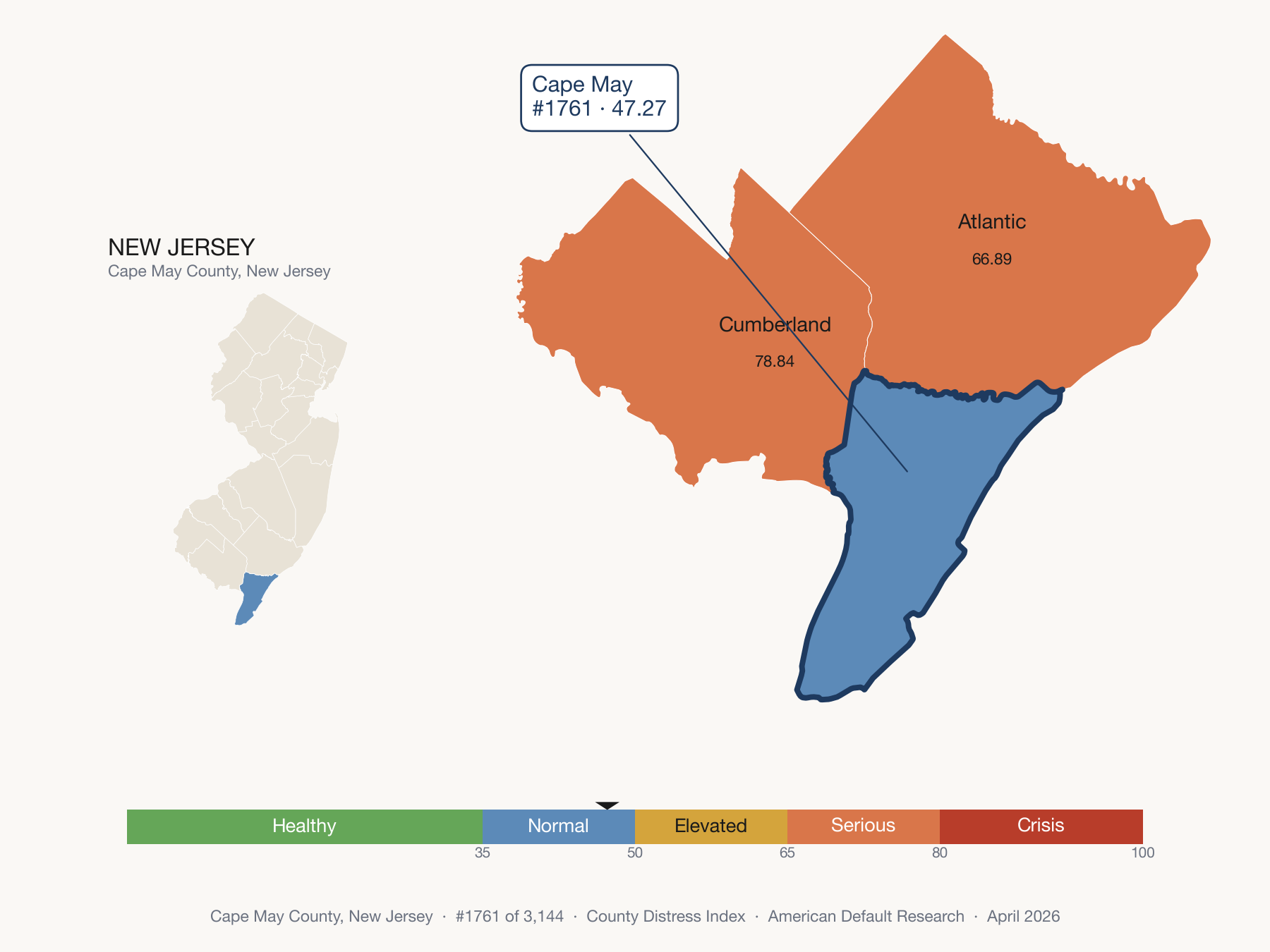 County Distress Index cluster map. Cape May County, New Jersey and its neighbors colored by distress fifth.