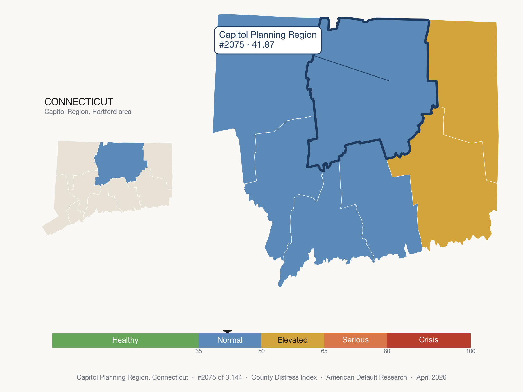 County Distress Index cluster map. Capitol Planning Region, Connecticut and its neighbors colored by distress fifth.