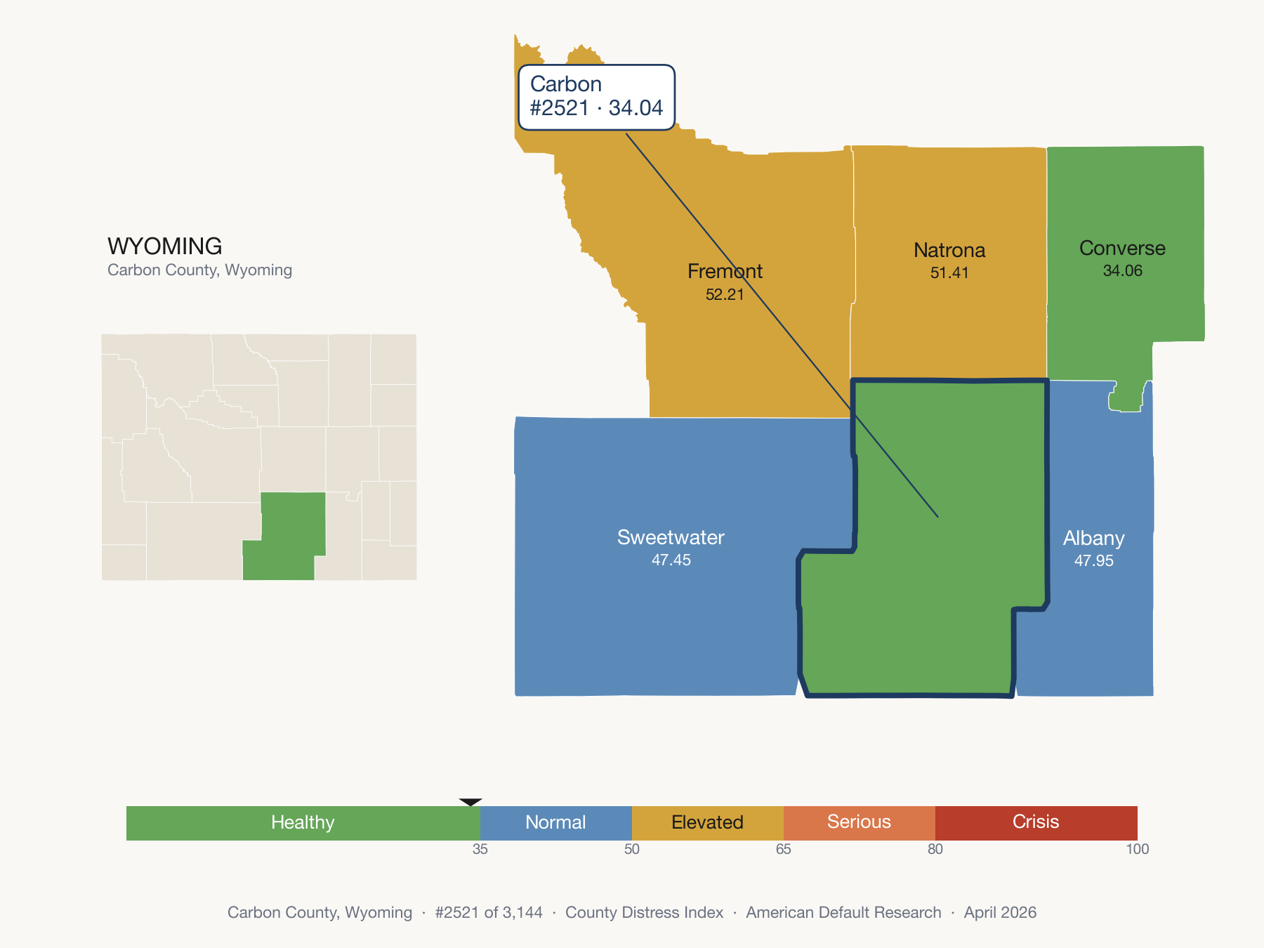 County Distress Index cluster map. Carbon County, Wyoming and its neighbors colored by distress fifth.