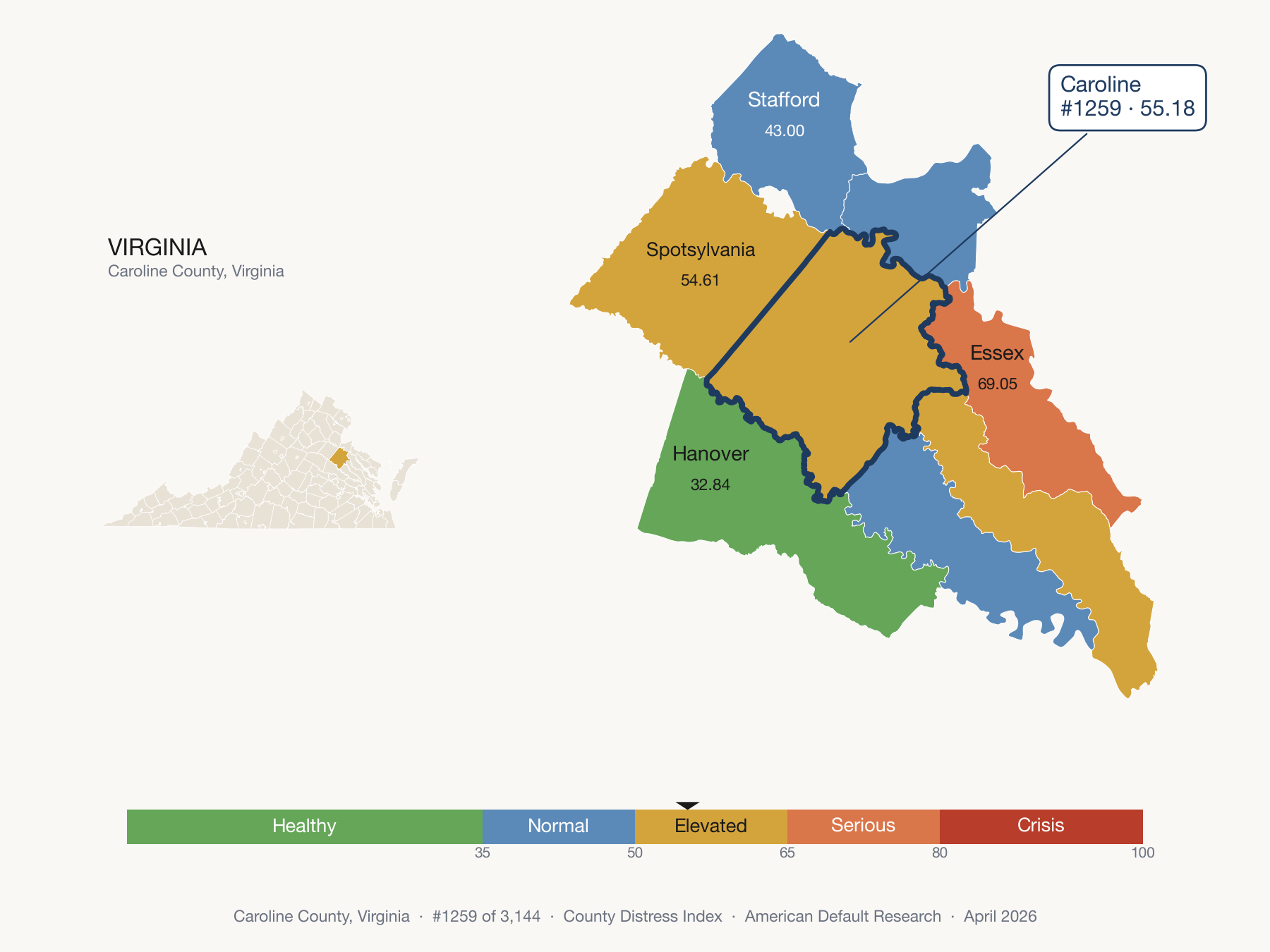 County Distress Index cluster map. Caroline County, Virginia and its neighbors colored by distress fifth.