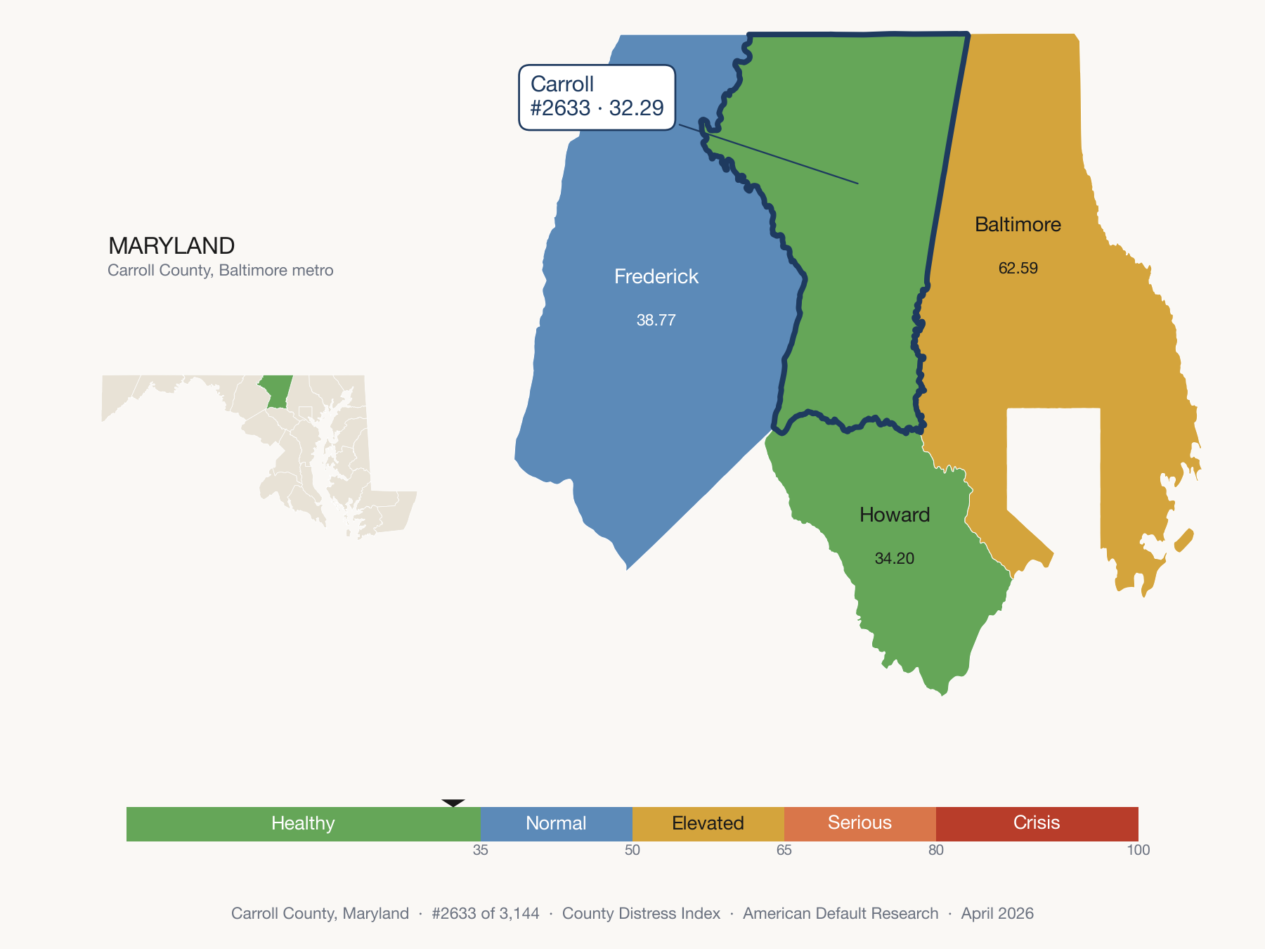 County Distress Index cluster map. Carroll County, Maryland and its neighbors colored by distress fifth.