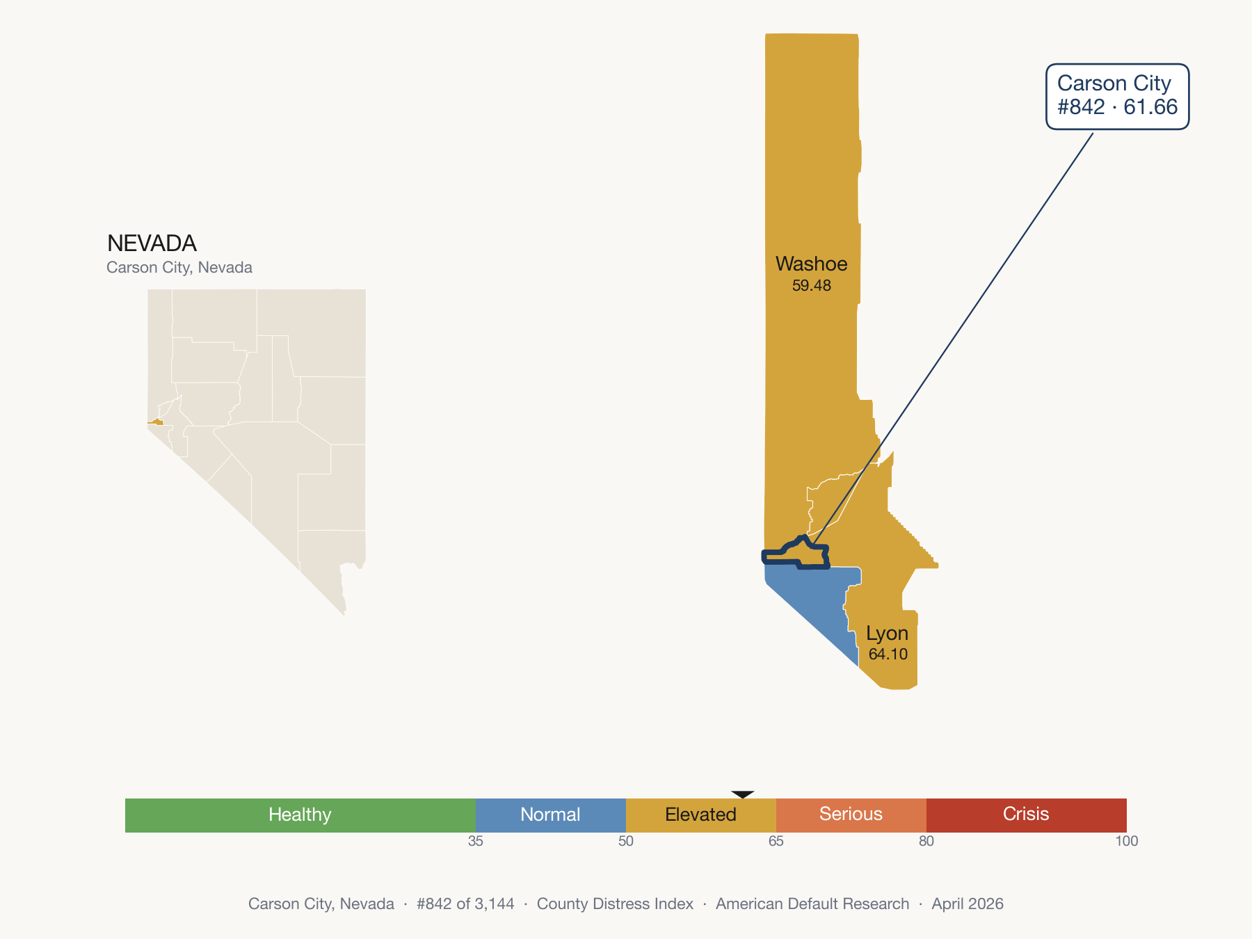 County Distress Index cluster map. Carson City, Nevada and its neighbors colored by distress fifth.