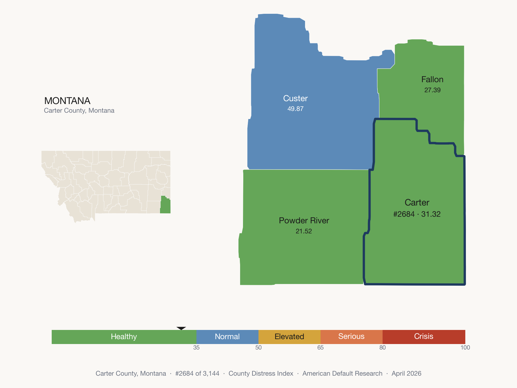 County Distress Index cluster map. Carter County, Montana and its neighbors colored by distress fifth.