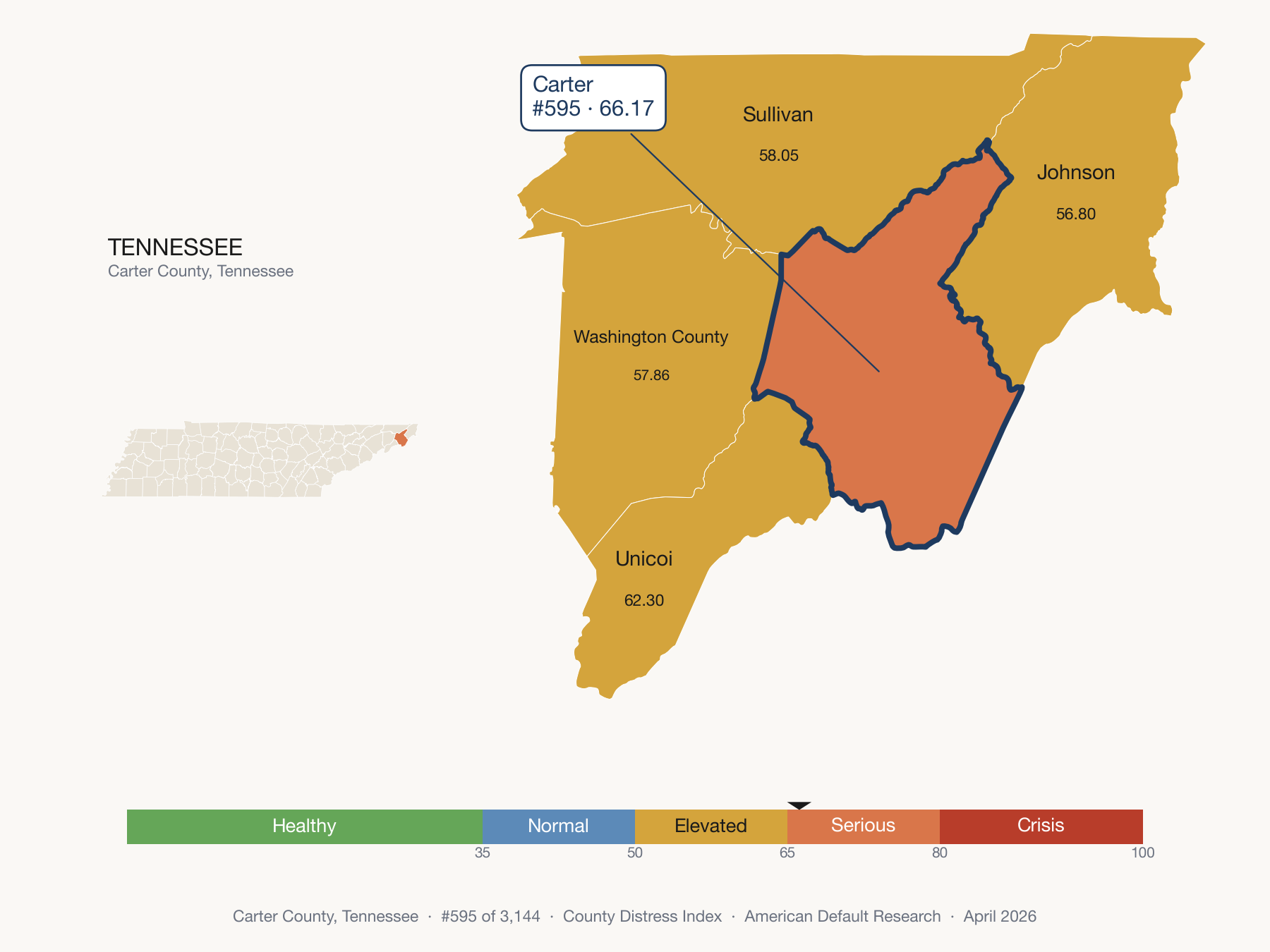 County Distress Index cluster map. Carter County, Tennessee and its neighbors colored by distress fifth.
