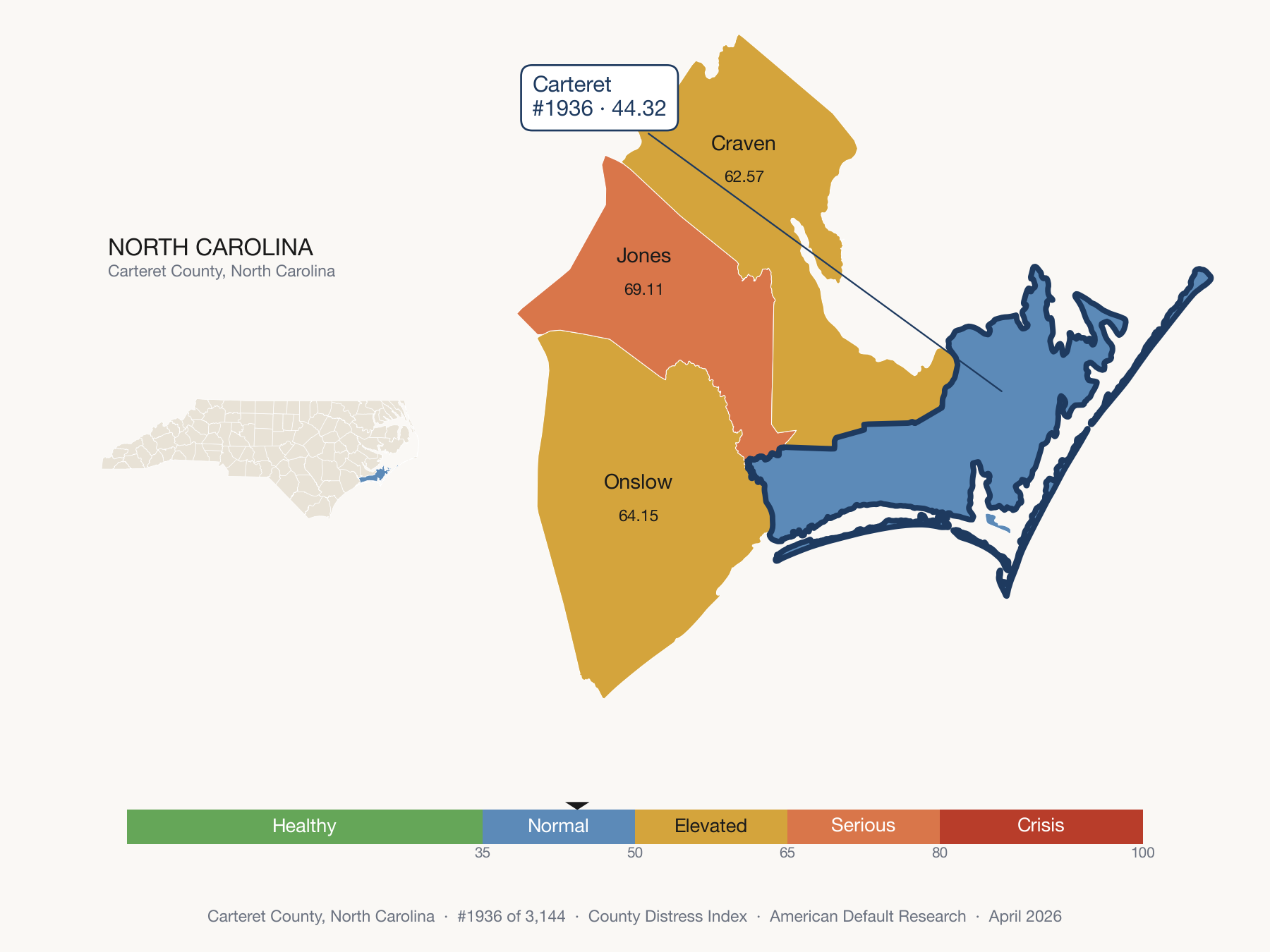 County Distress Index cluster map. Carteret County, North Carolina and its neighbors colored by distress fifth.