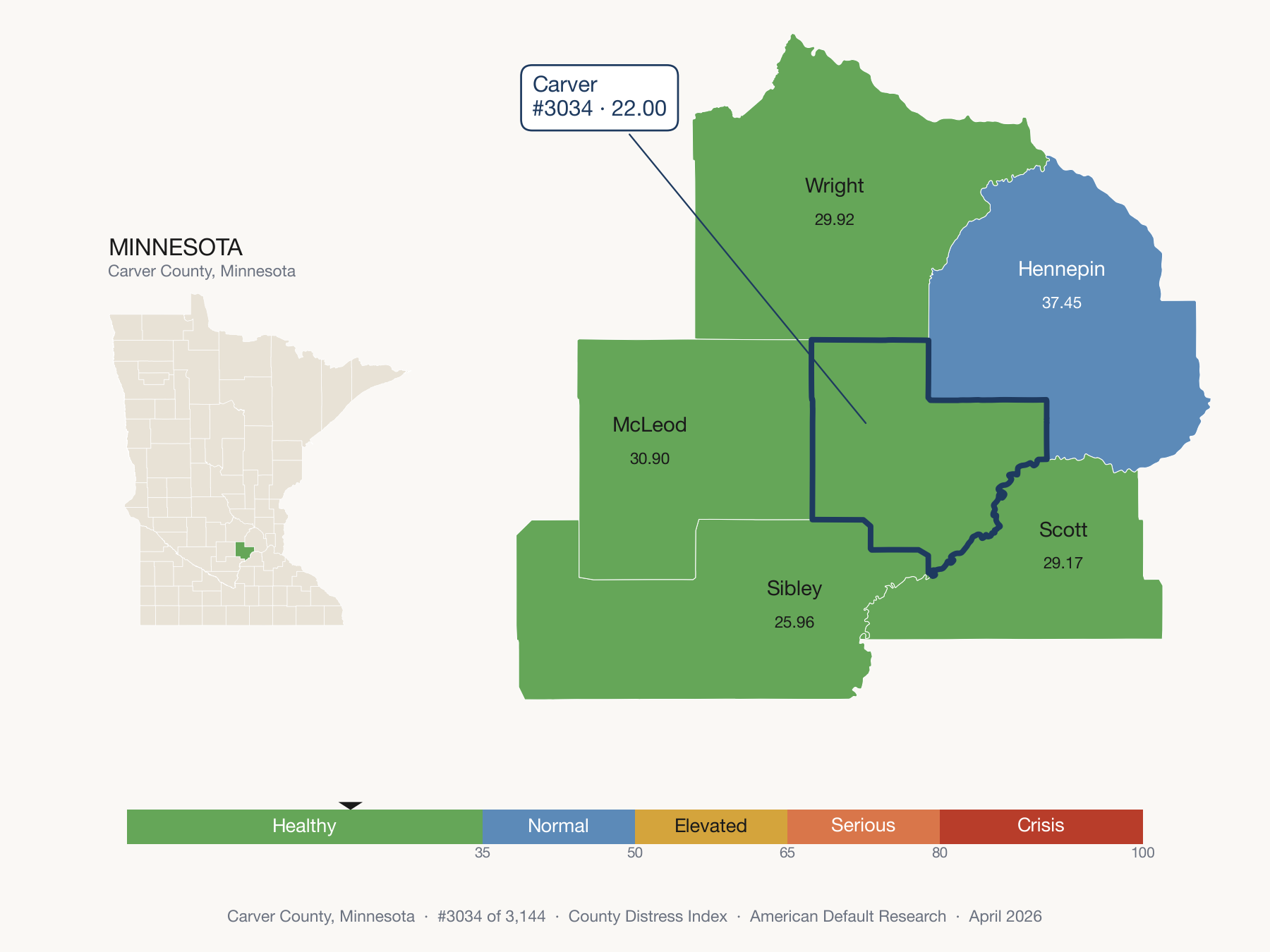 County Distress Index cluster map. Carver County, Minnesota and its neighbors colored by distress fifth.