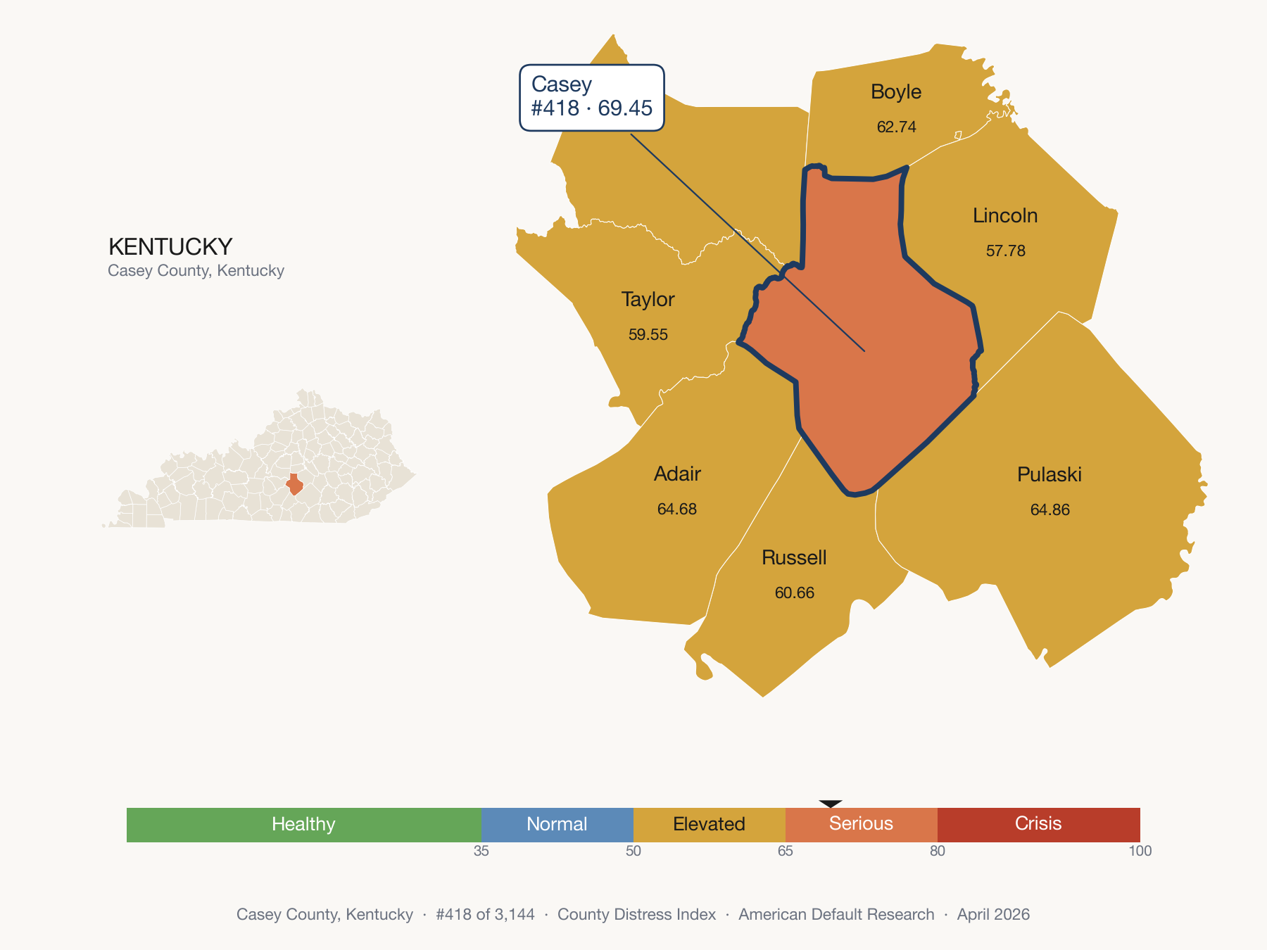County Distress Index cluster map. Casey County, Kentucky and its neighbors colored by distress fifth.