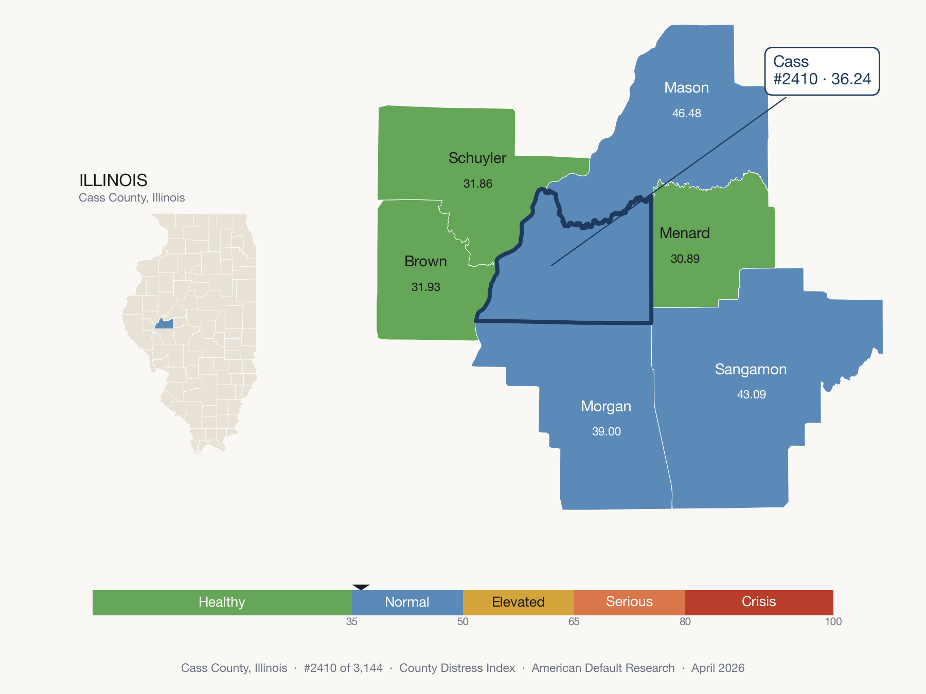 County Distress Index cluster map. Cass County, Illinois and its neighbors colored by distress fifth.