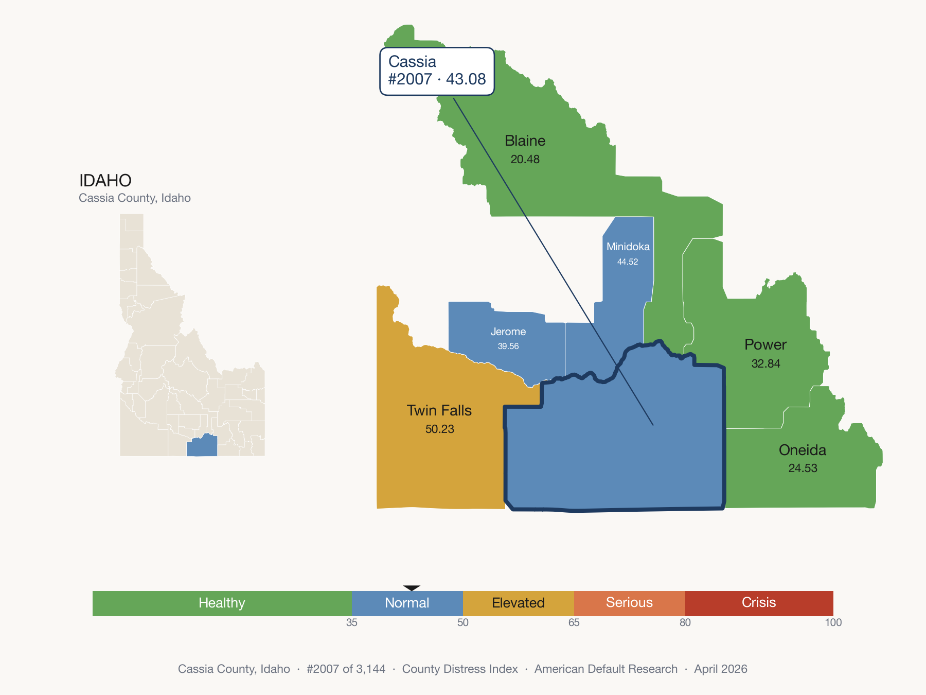 County Distress Index cluster map. Cassia County, Idaho and its neighbors colored by distress fifth.