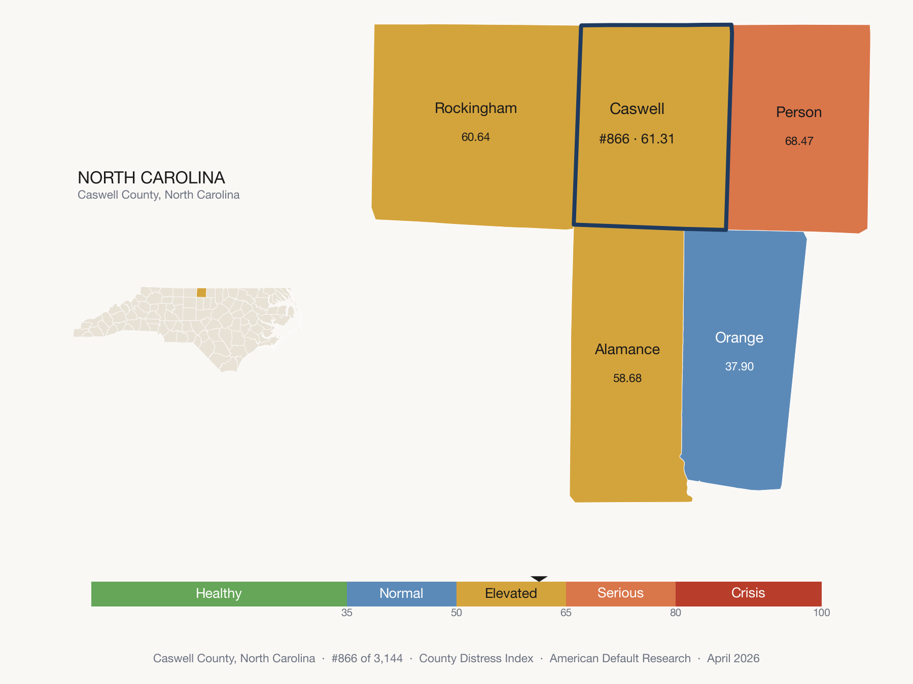 County Distress Index cluster map. Caswell County, North Carolina and its neighbors colored by distress fifth.