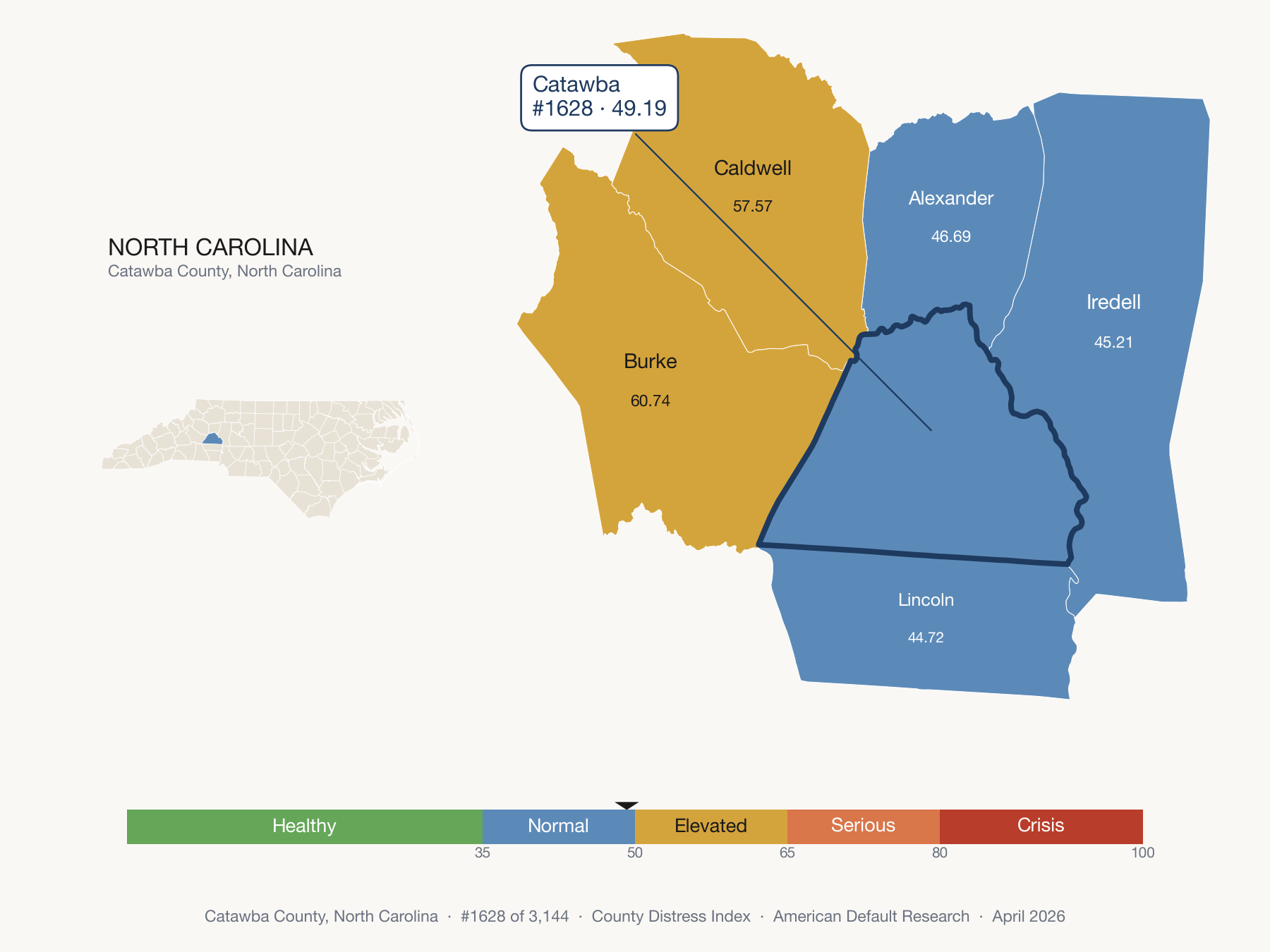 County Distress Index cluster map. Catawba County, North Carolina and its neighbors colored by distress fifth.