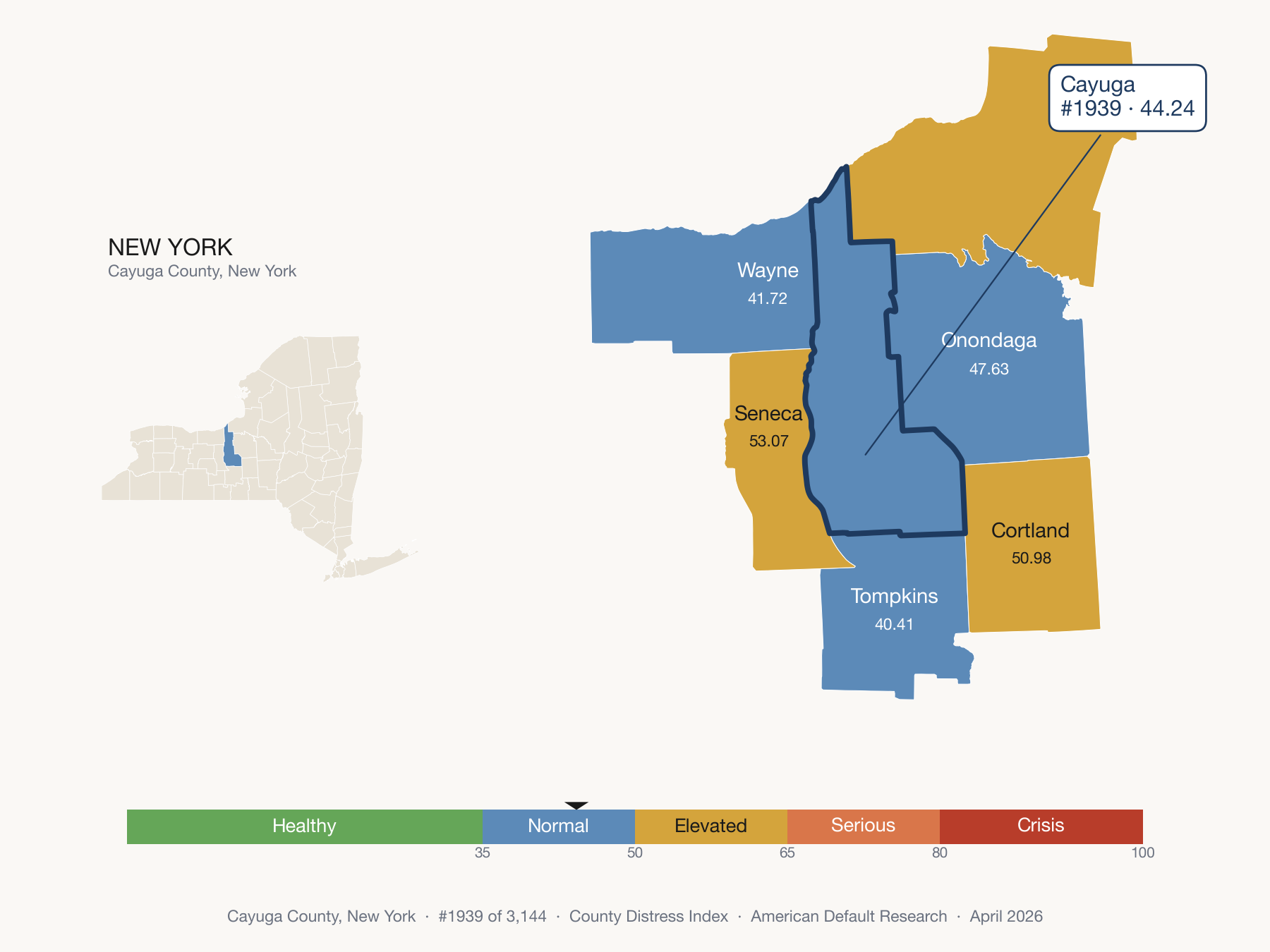 County Distress Index cluster map. Cayuga County, New York and its neighbors colored by distress fifth.