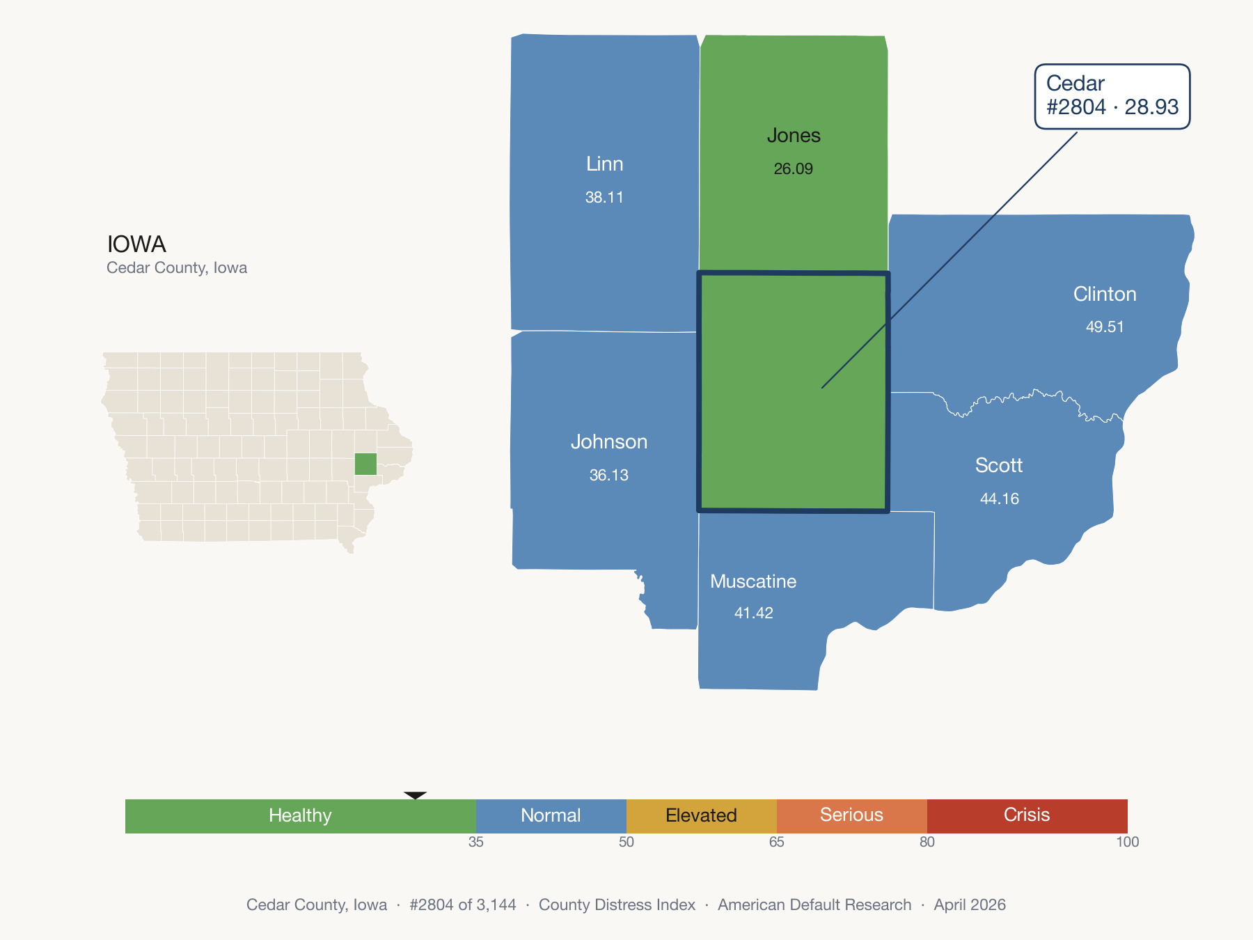 County Distress Index cluster map. Cedar County, Iowa and its neighbors colored by distress fifth.