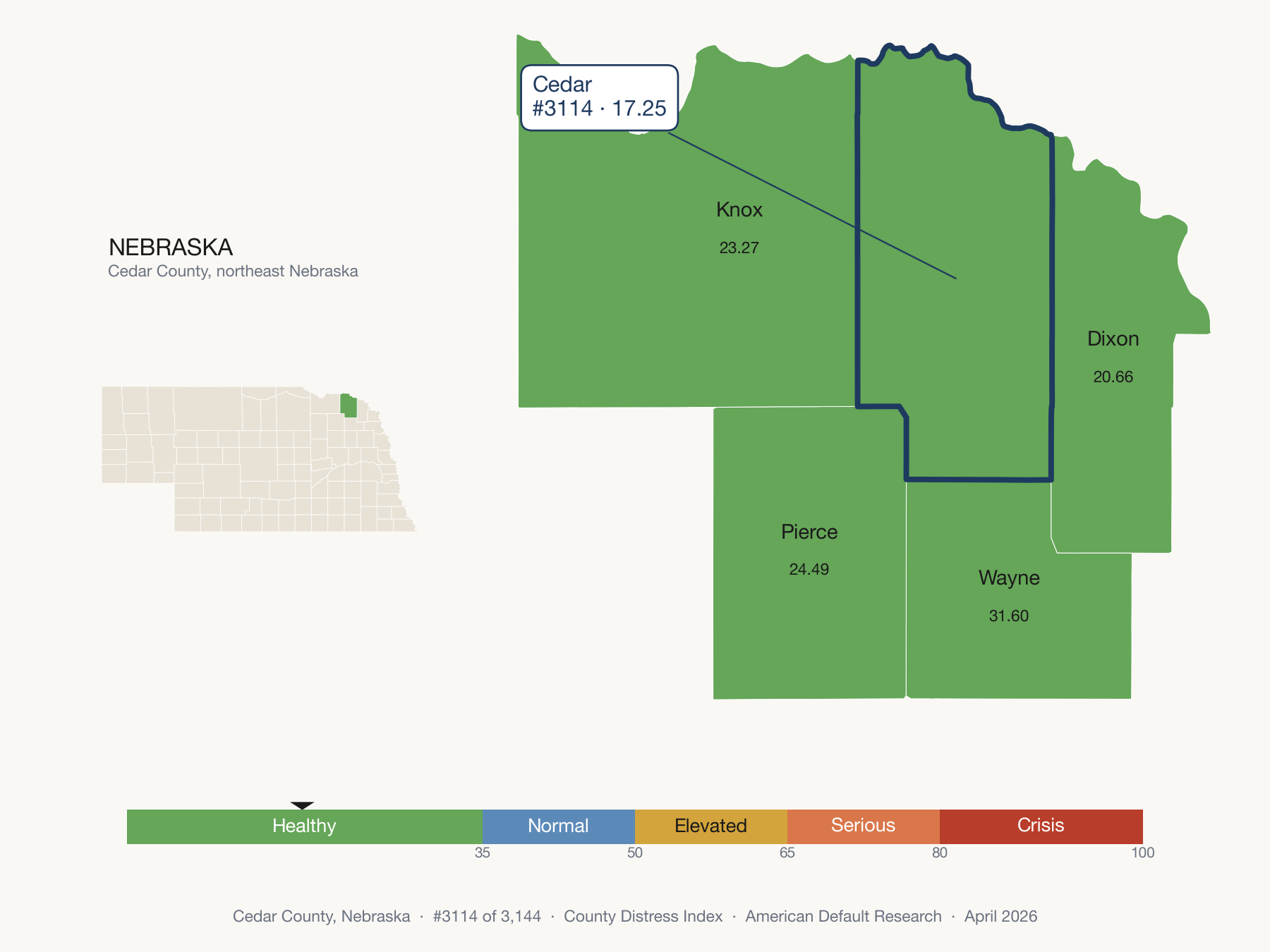 County Distress Index cluster map. Cedar County, Nebraska and its neighbors colored by distress fifth.