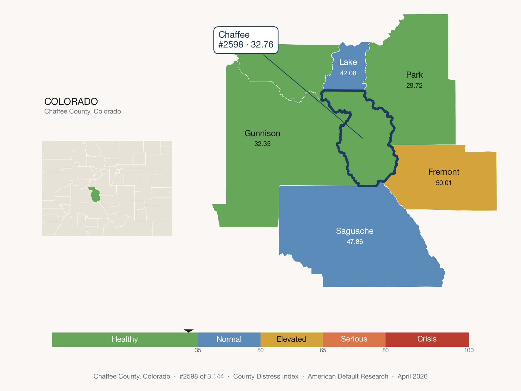 County Distress Index cluster map. Chaffee County, Colorado and its neighbors colored by distress fifth.