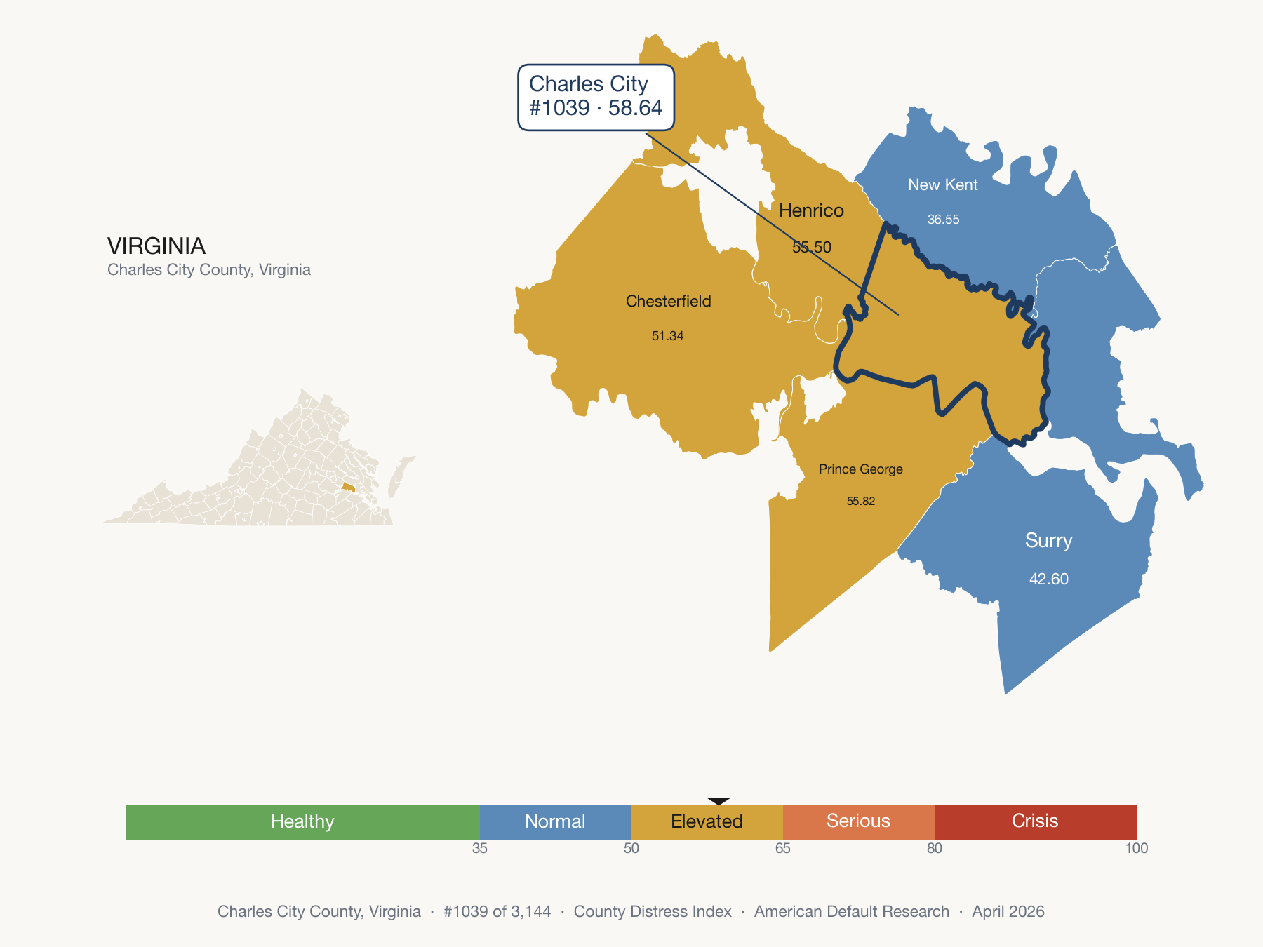 County Distress Index cluster map. Charles City County, Virginia and its neighbors colored by distress fifth.