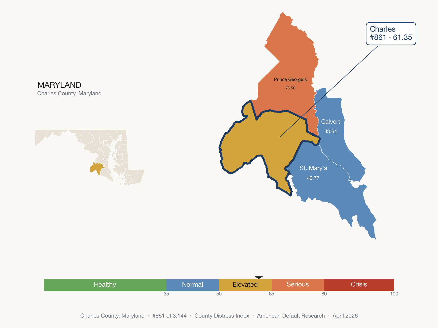 County Distress Index cluster map. Charles County, Maryland and its neighbors colored by distress fifth.