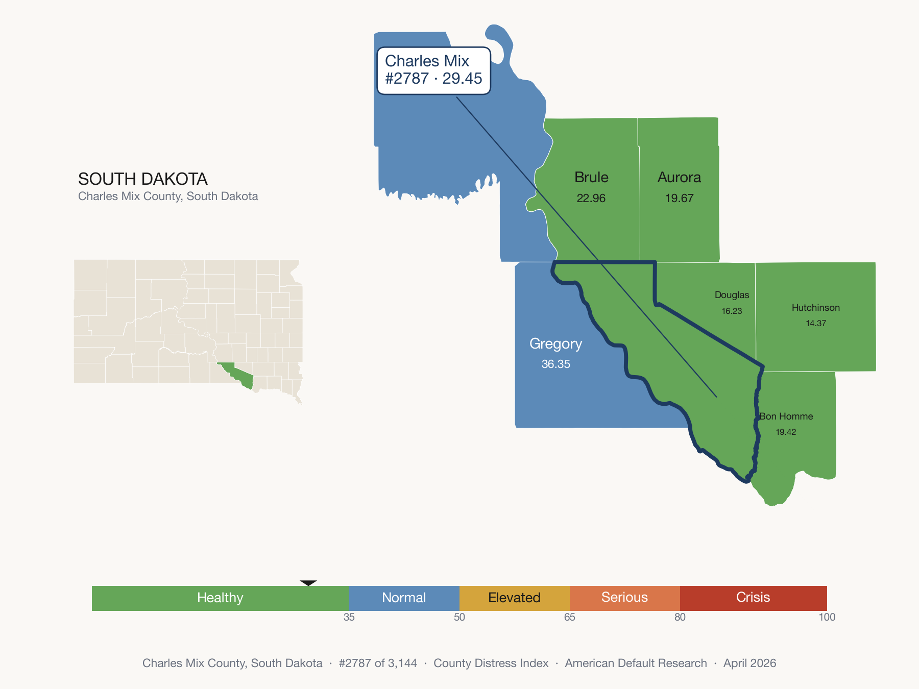County Distress Index cluster map. Charles Mix County, South Dakota and its neighbors colored by distress fifth.