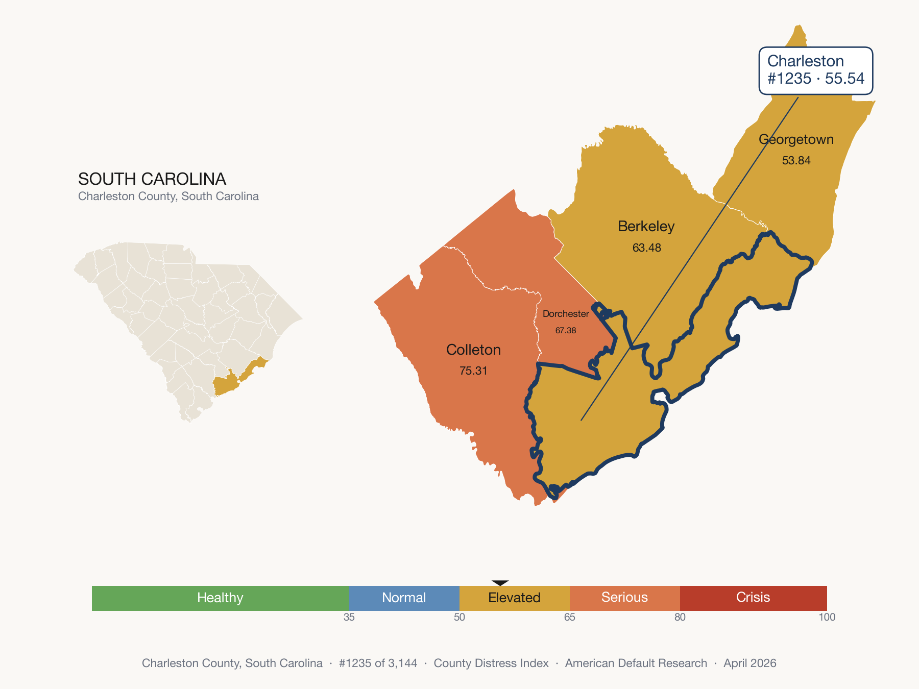 County Distress Index cluster map. Charleston County, South Carolina and its neighbors colored by distress fifth.