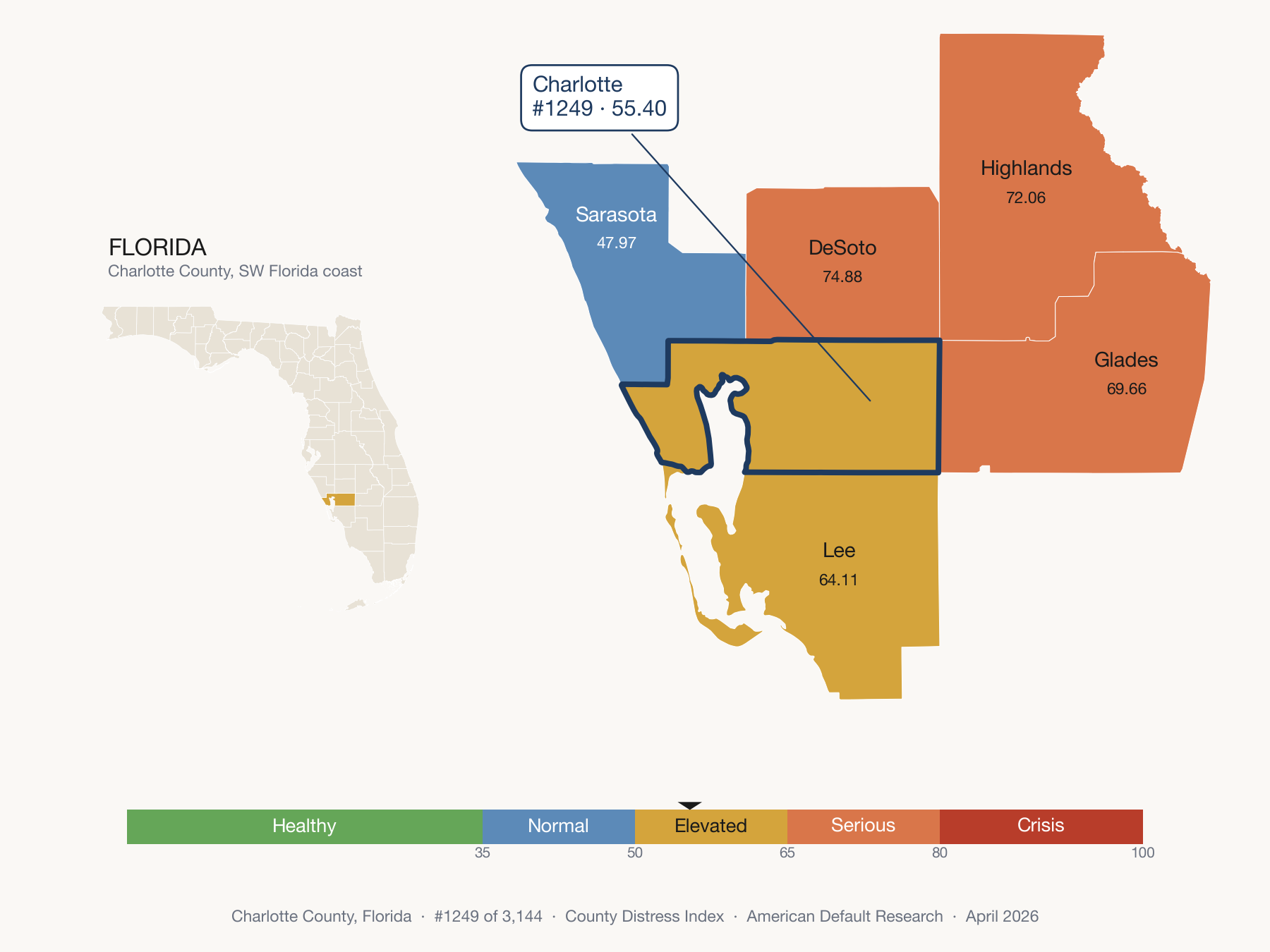 County Distress Index cluster map. Charlotte County, Florida and its neighbors colored by distress fifth.