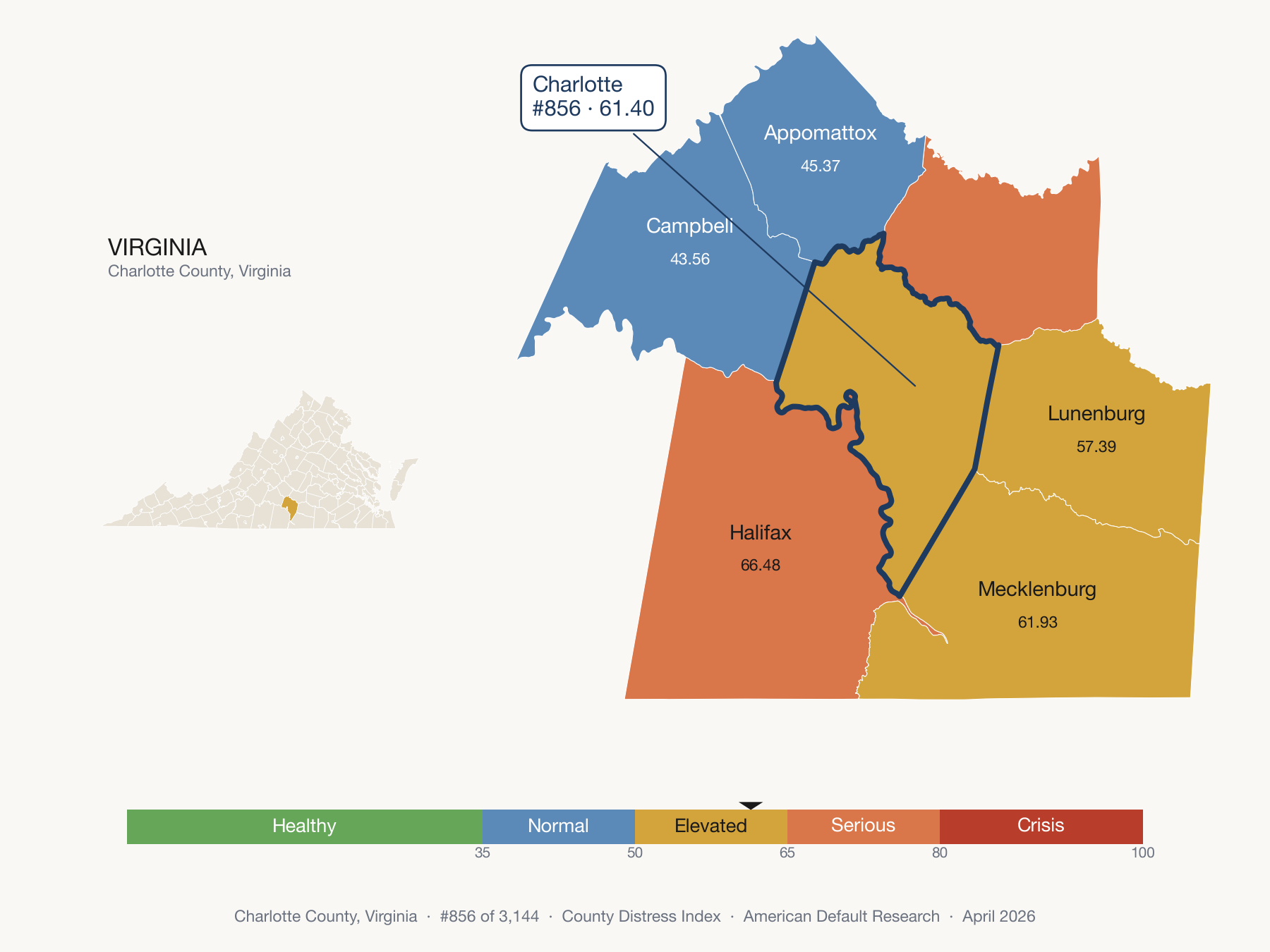 County Distress Index cluster map. Charlotte County, Virginia and its neighbors colored by distress fifth.