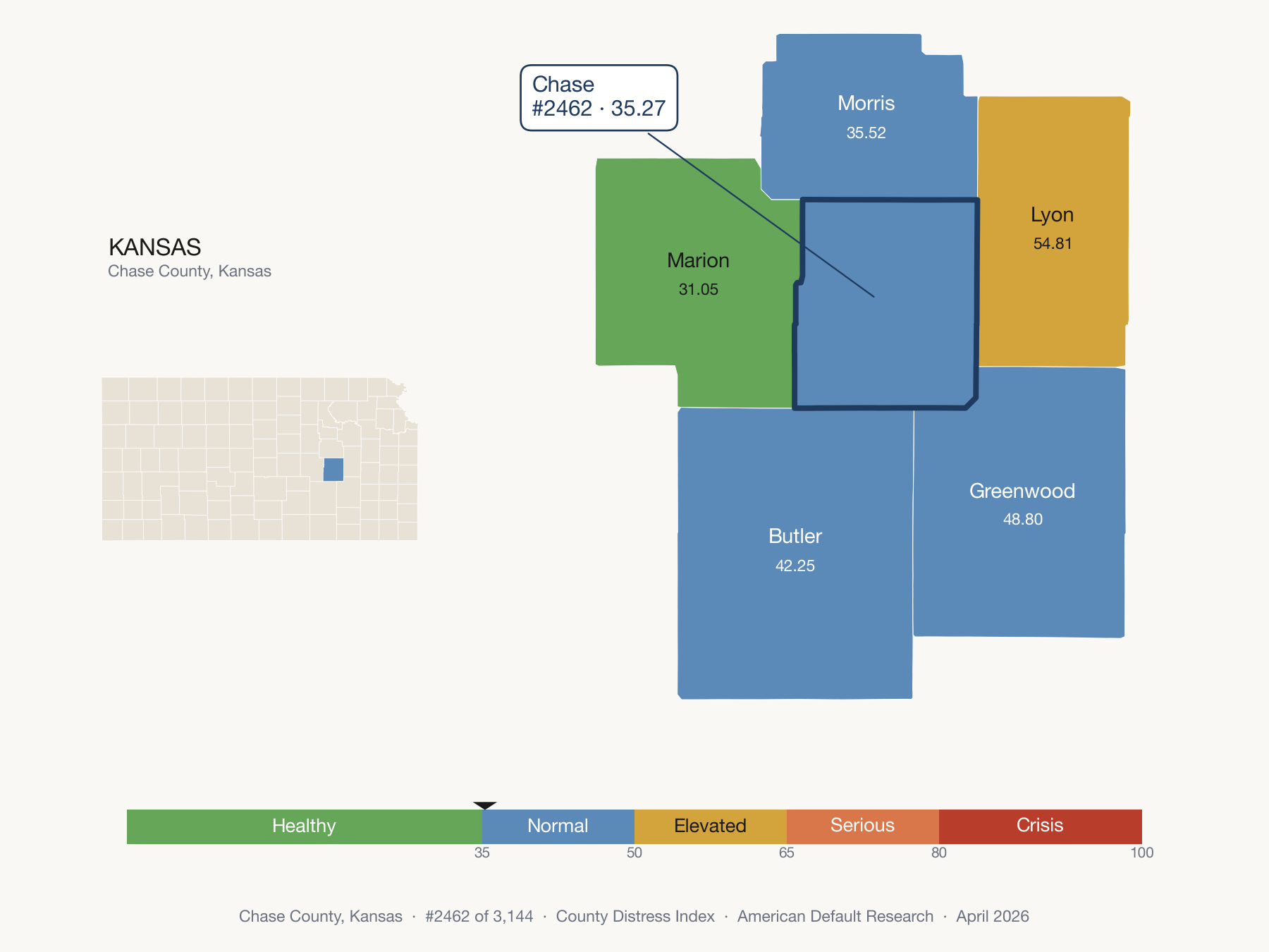 County Distress Index cluster map. Chase County, Kansas and its neighbors colored by distress fifth.