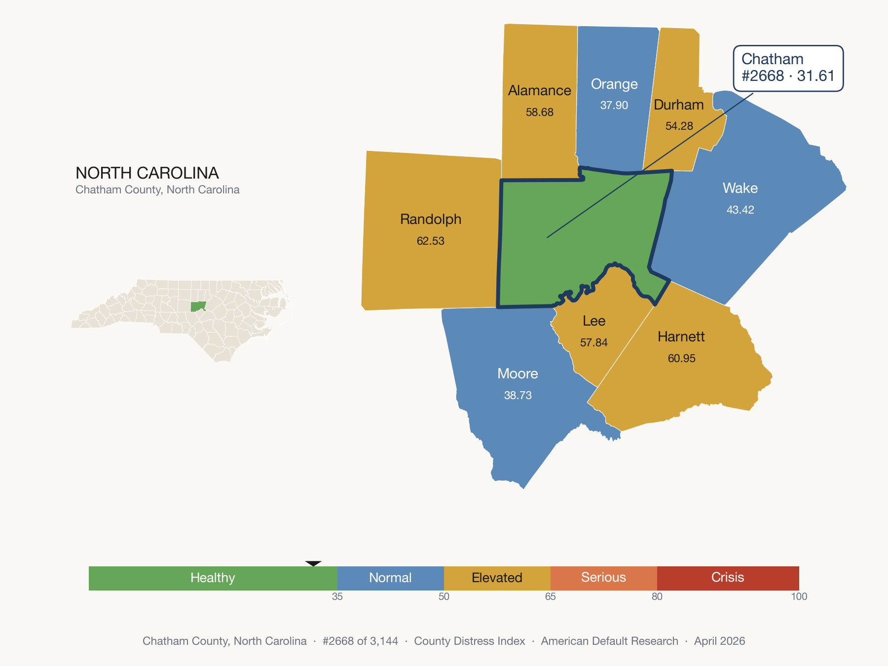 County Distress Index cluster map. Chatham County, North Carolina and its neighbors colored by distress fifth.
