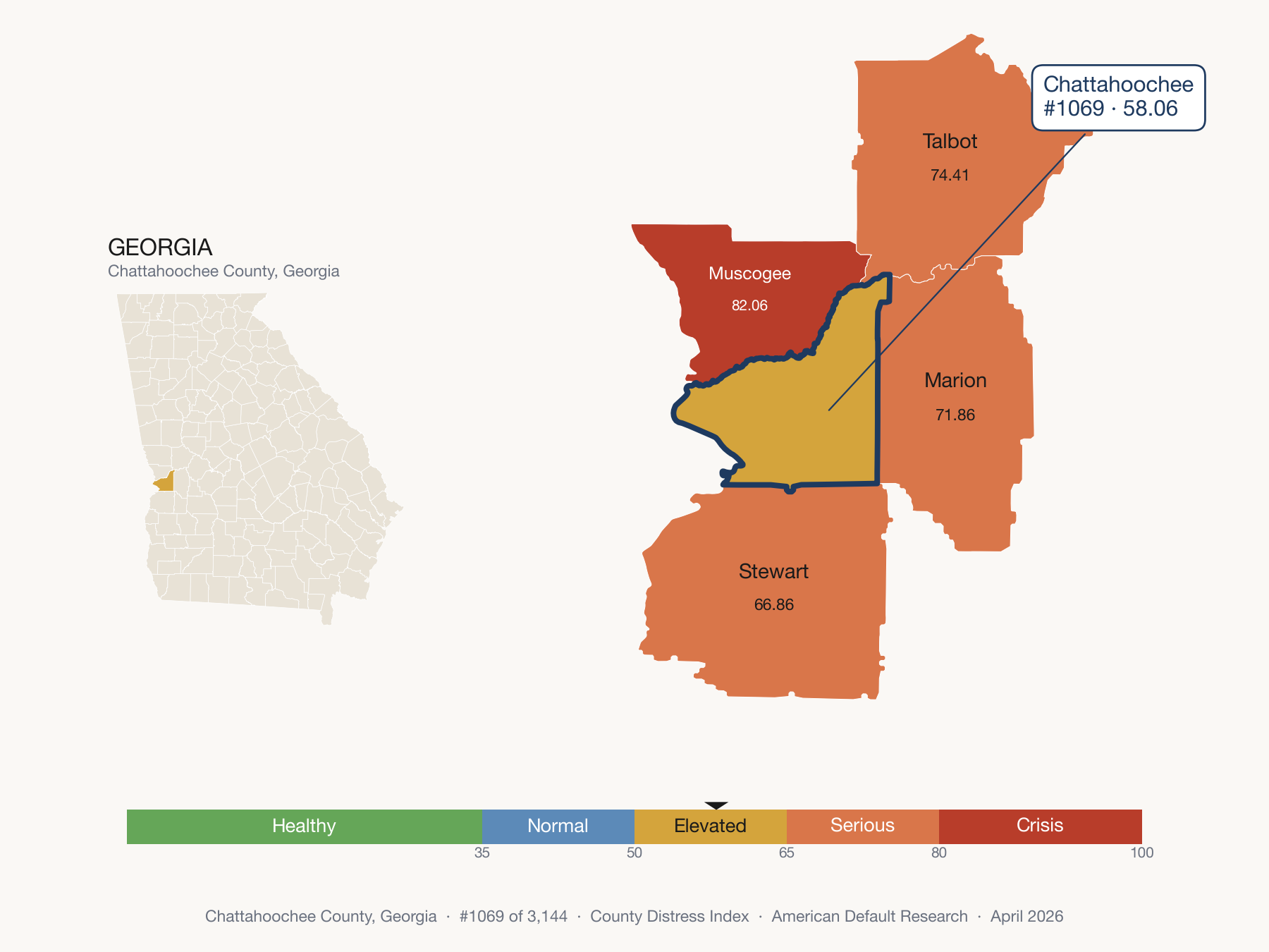 County Distress Index cluster map. Chattahoochee County, Georgia and its neighbors colored by distress fifth.
