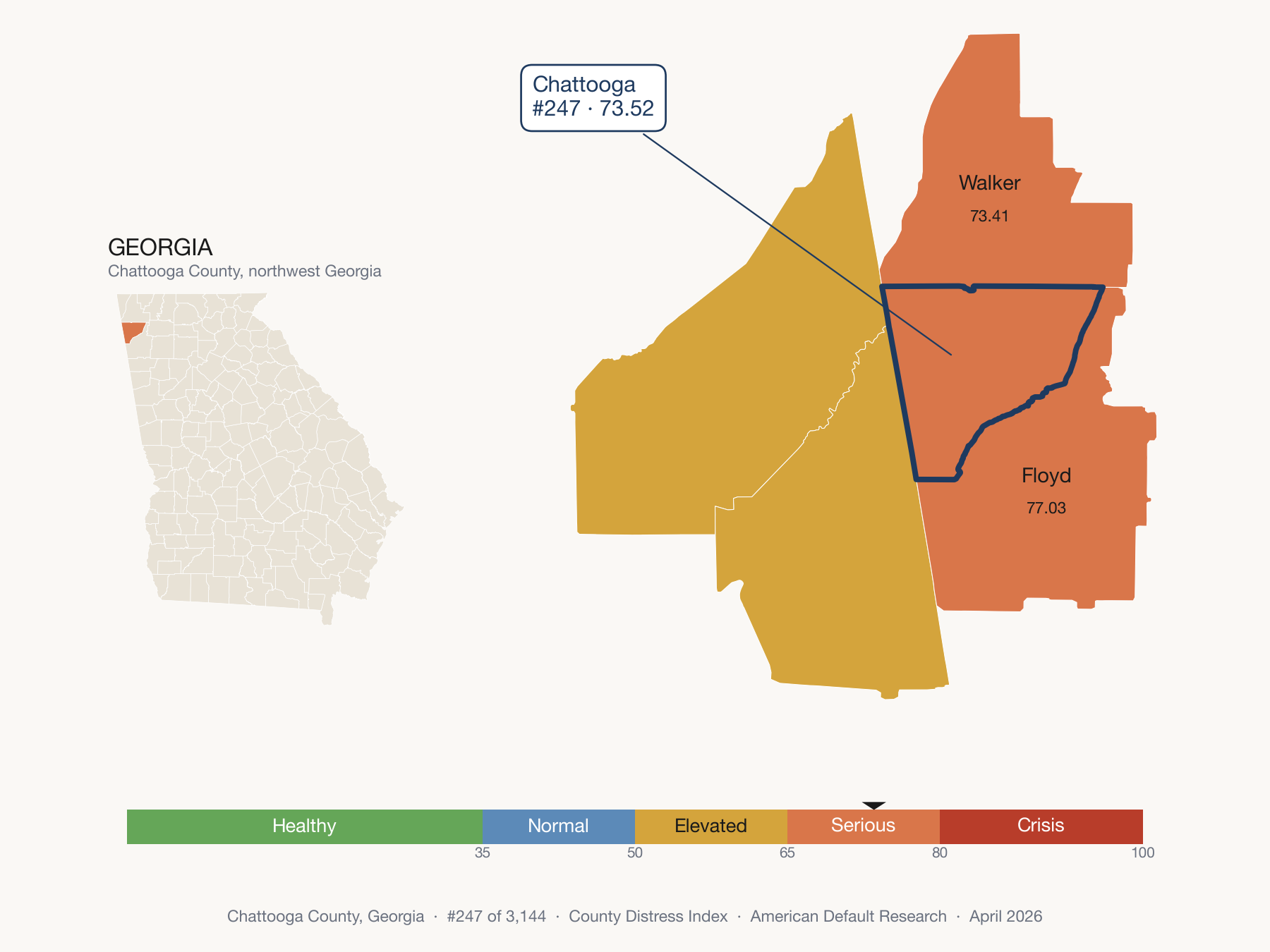 County Distress Index cluster map. Chattooga County, Georgia and its neighbors colored by distress fifth.
