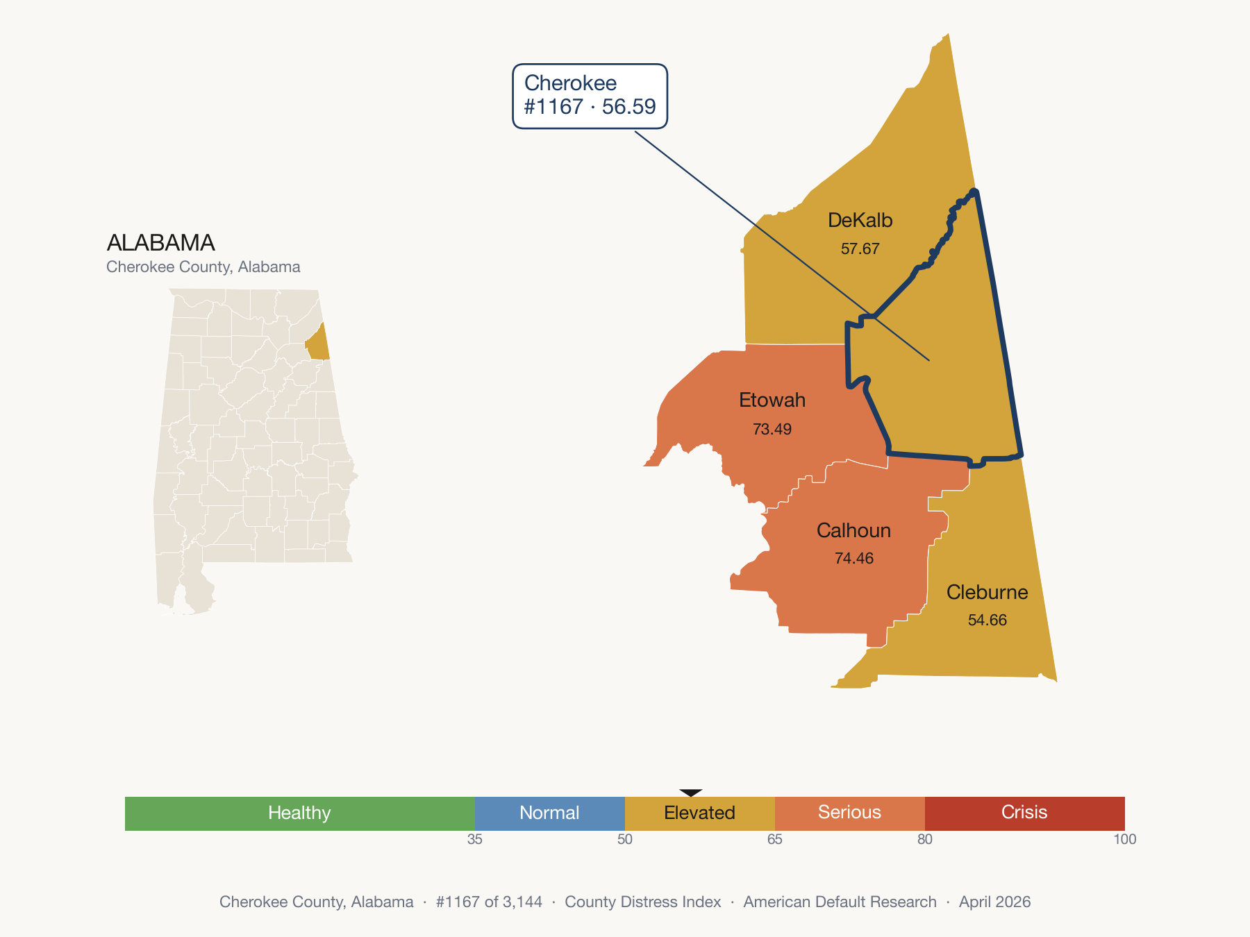 County Distress Index cluster map. Cherokee County, Alabama and its neighbors colored by distress fifth.
