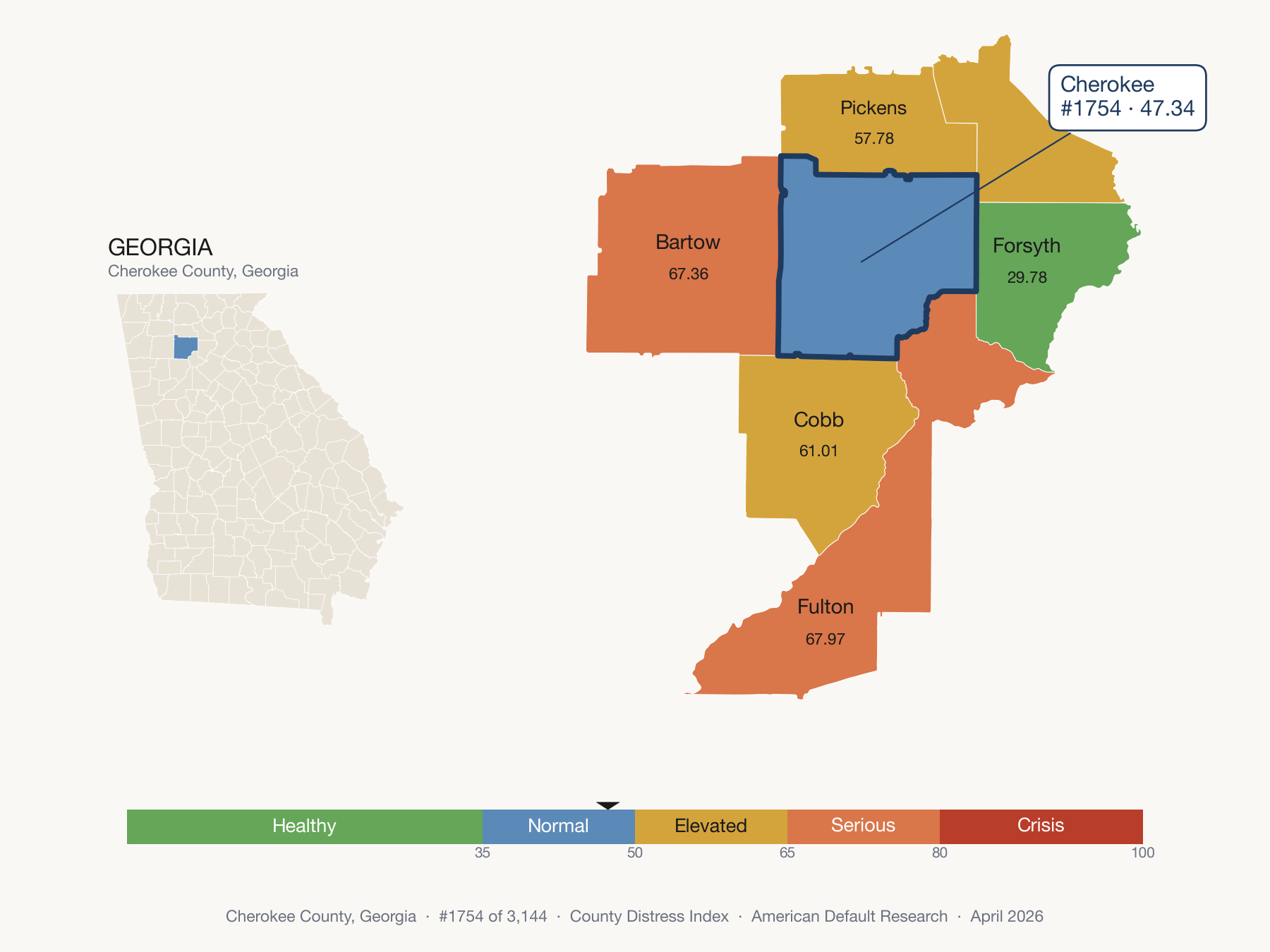 County Distress Index cluster map. Cherokee County, Georgia and its neighbors colored by distress fifth.