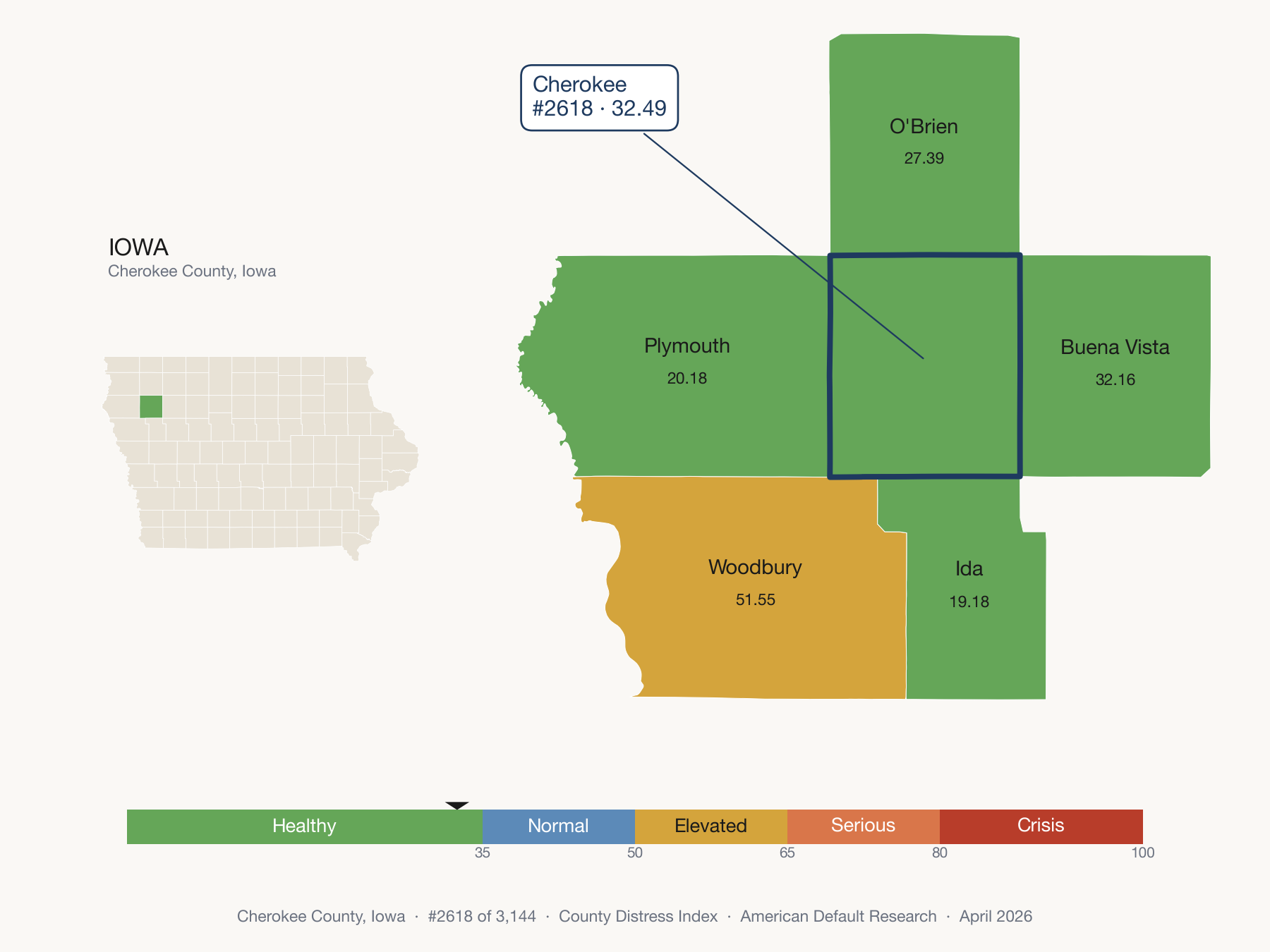 County Distress Index cluster map. Cherokee County, Iowa and its neighbors colored by distress fifth.