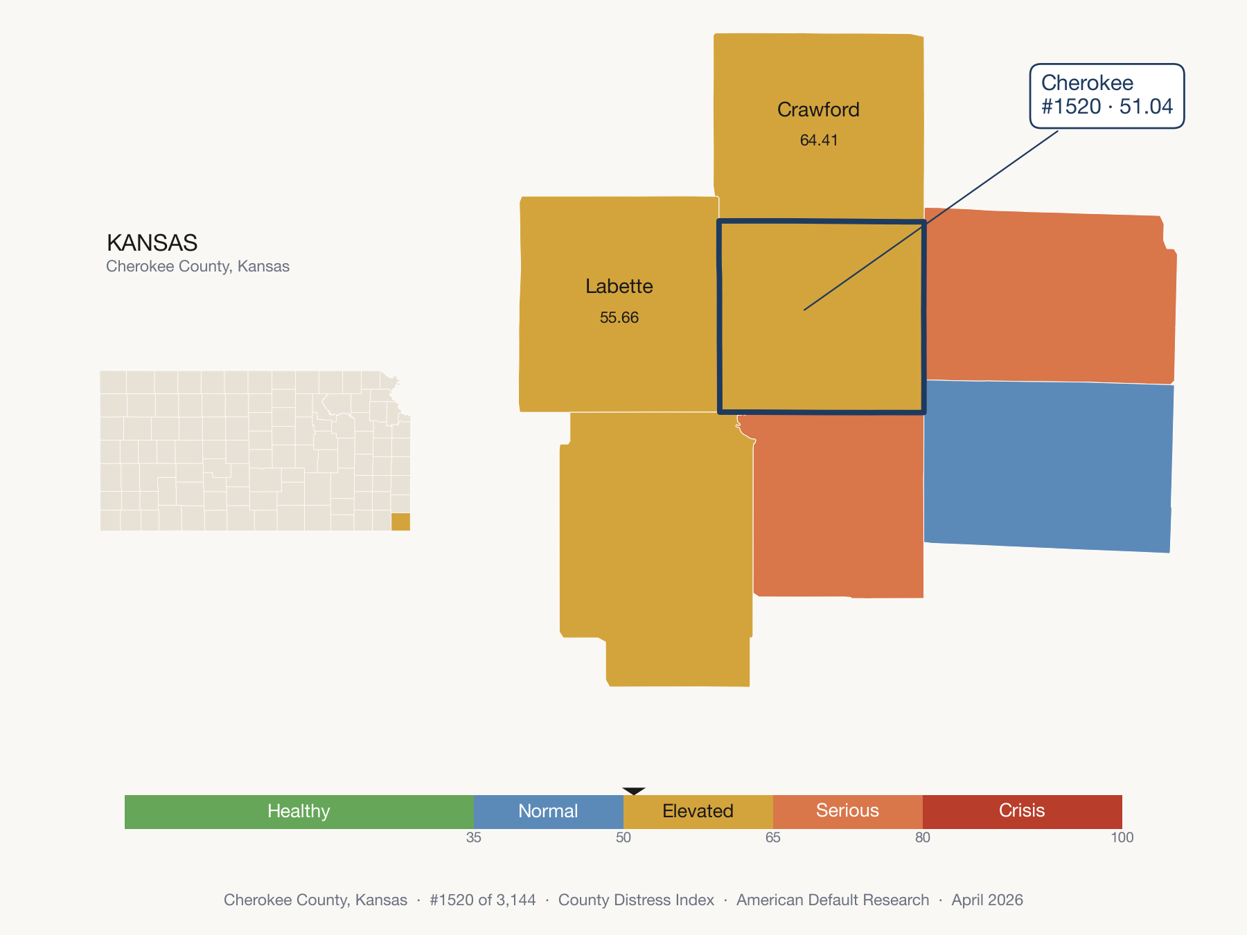 County Distress Index cluster map. Cherokee County, Kansas and its neighbors colored by distress fifth.