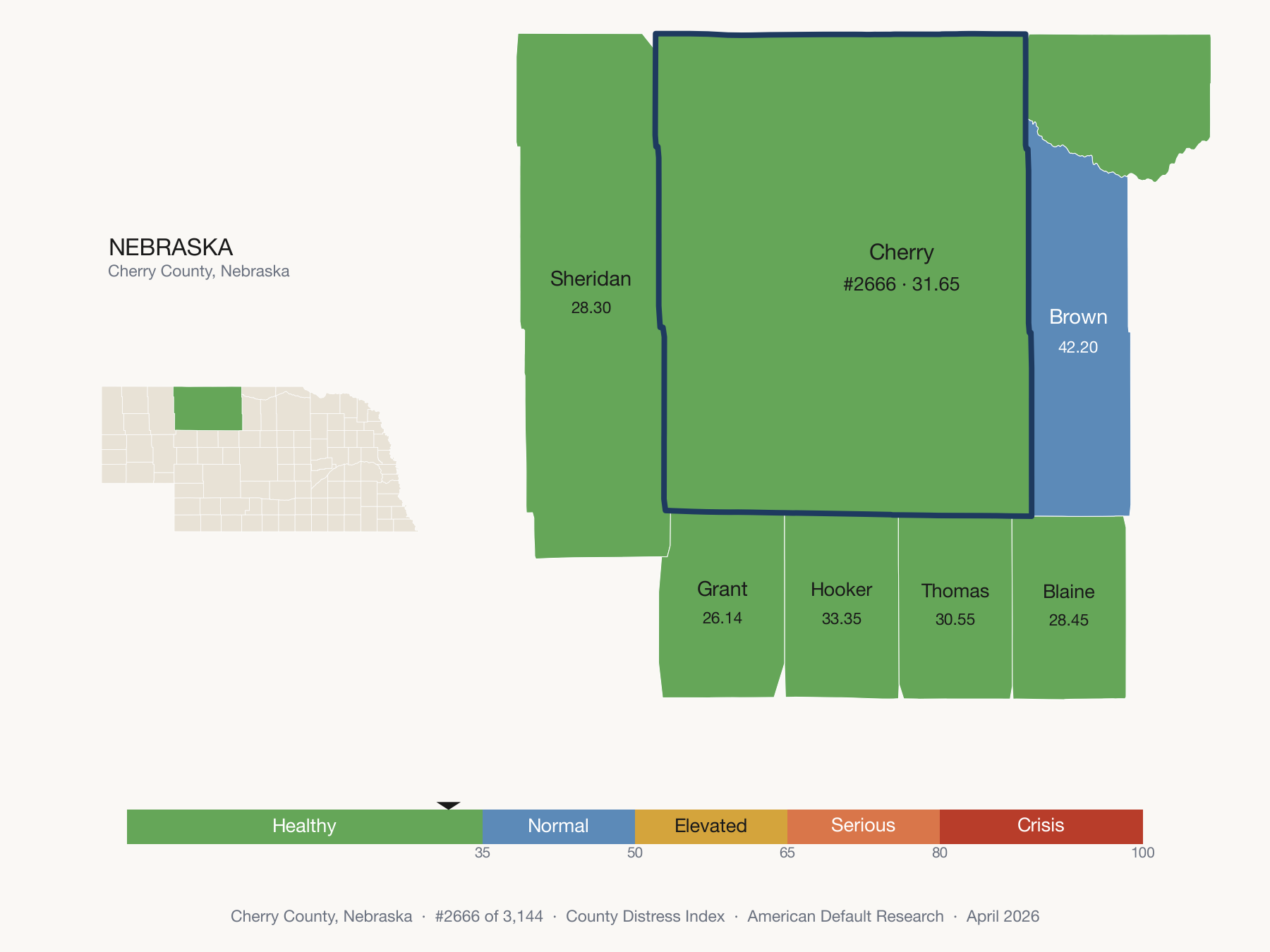 County Distress Index cluster map. Cherry County, Nebraska and its neighbors colored by distress fifth.