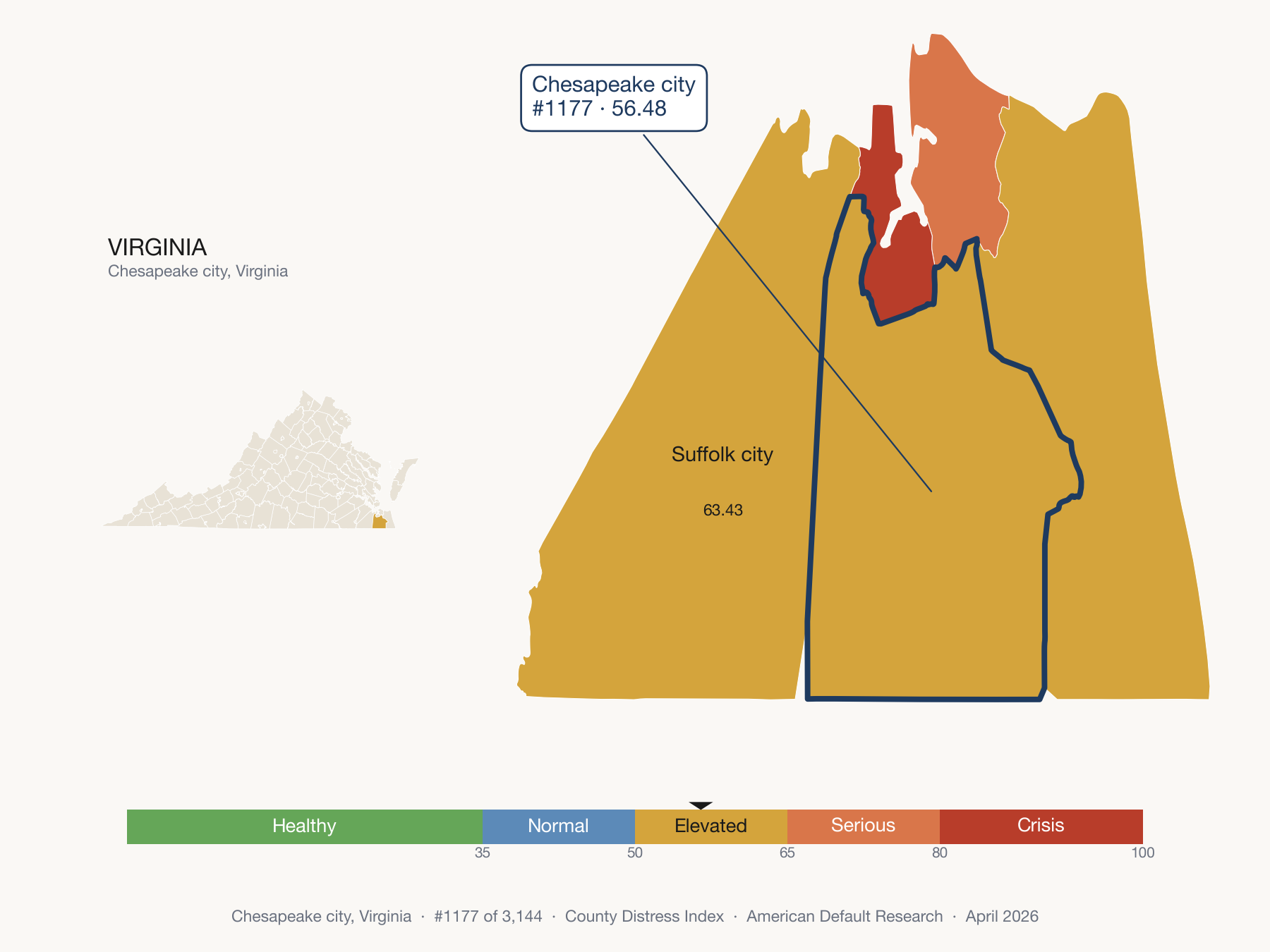 County Distress Index cluster map. Chesapeake city, Virginia and its neighbors colored by distress fifth.