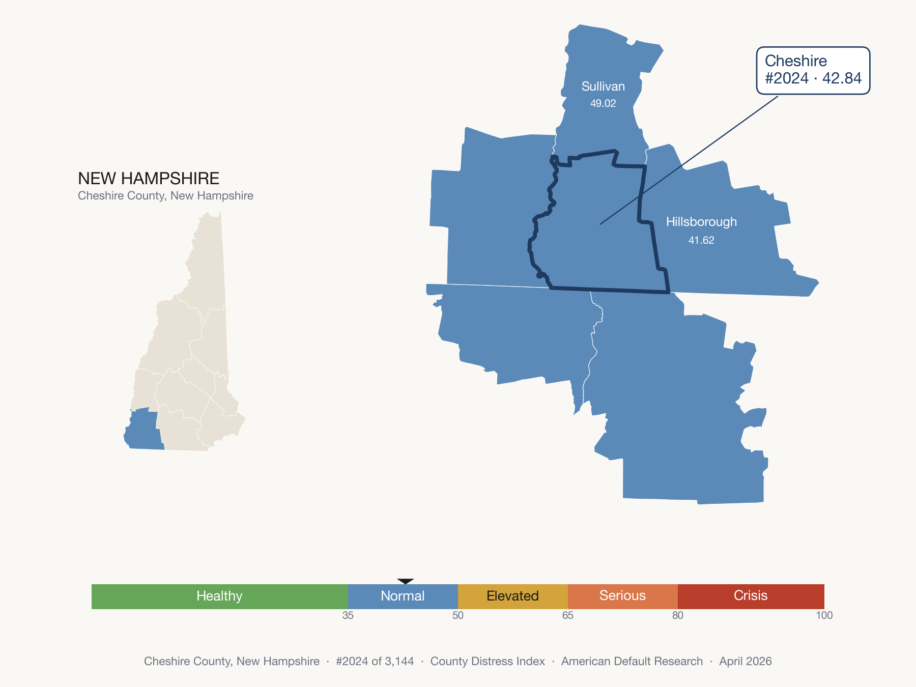 County Distress Index cluster map. Cheshire County, New Hampshire and its neighbors colored by distress fifth.